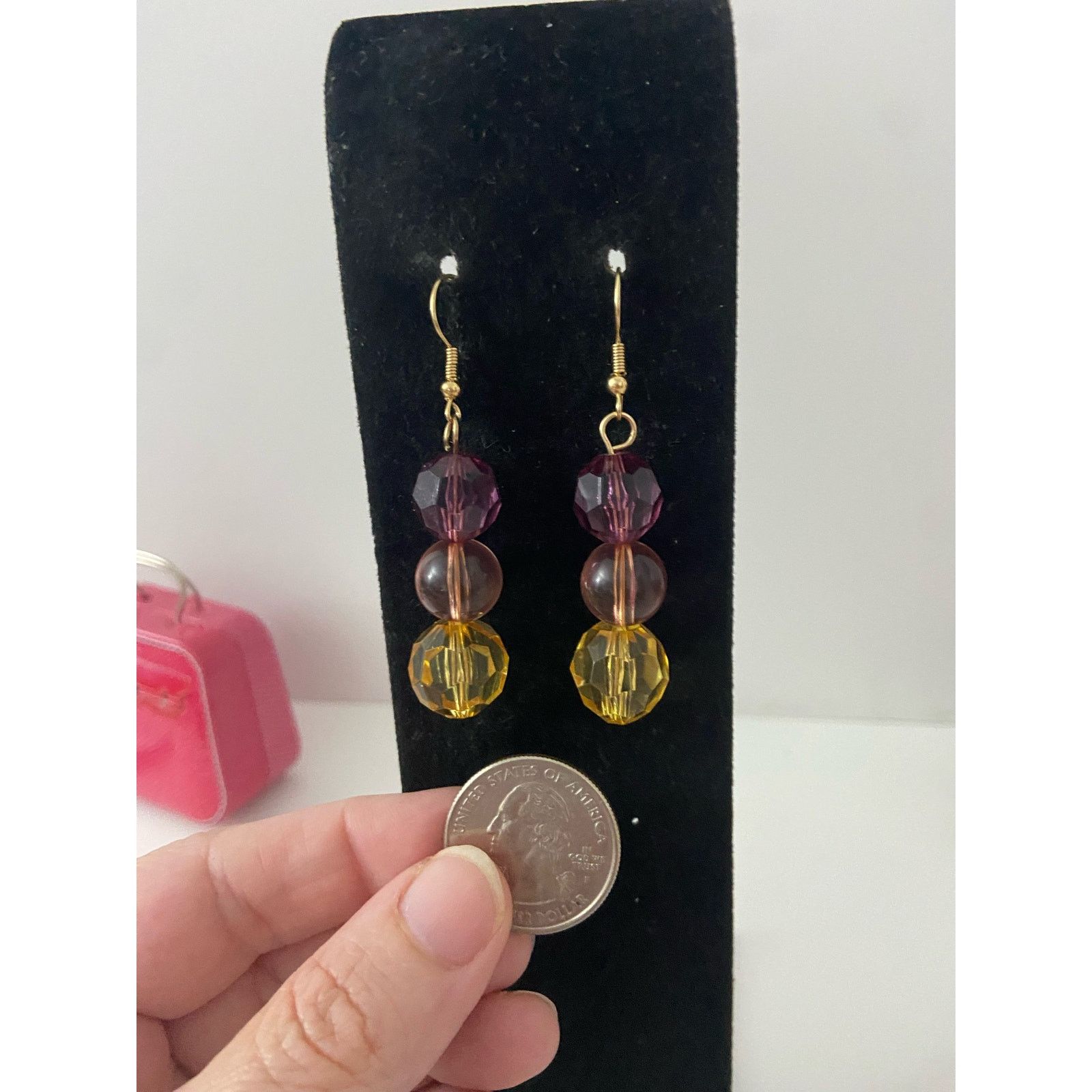 Handmade purple pink and yellow bead earrings Size ONE SIZE - 2 Thumbnail