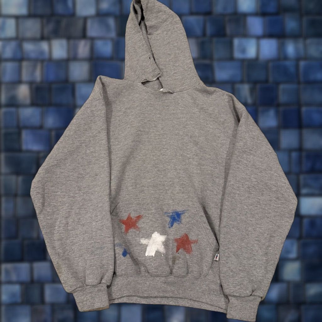Russell Athletic VINTAGE Russell Athletic Hoodie Sweatshirt Gray USA FLAG Stars Mens Large 90s Men L Pullover Size US L / EU 52-54 / 3 - 1 Thumbnail