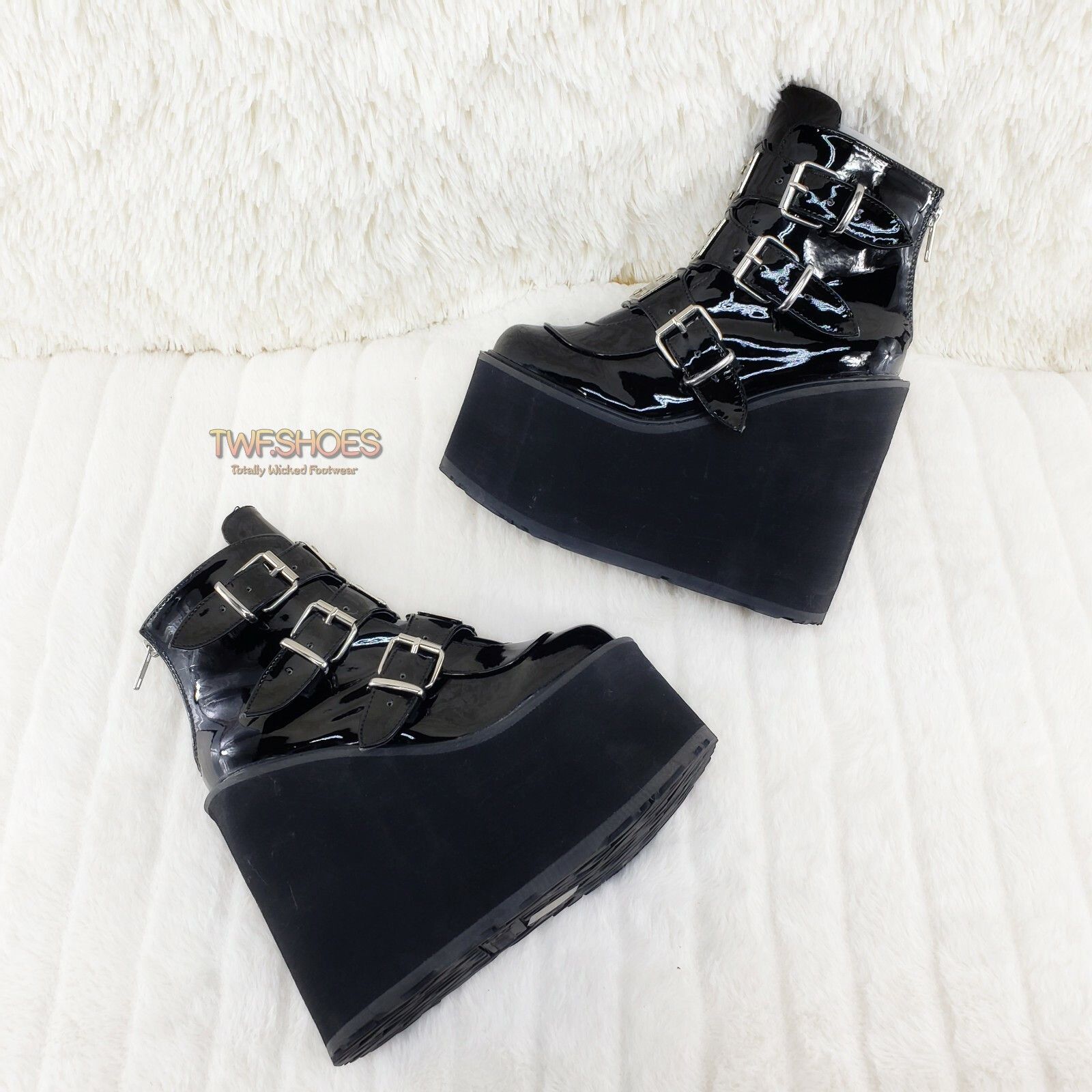 DEMONIA Swing 105 Black Patent Multiple Buckle Ankle Boot 5.