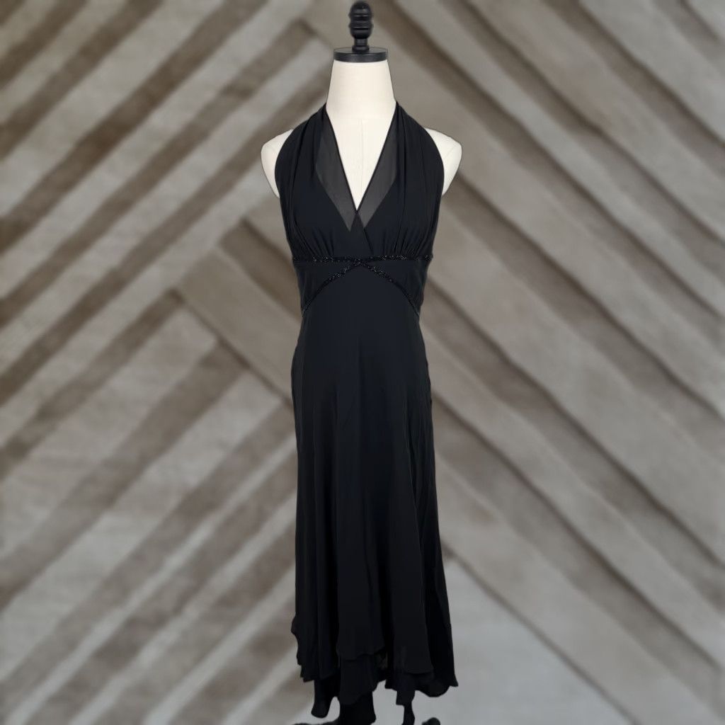 VINTAGE Donna Morgan Black Chiffon Dress Womens Small Beaded Empire Waist Handkerchief Hem