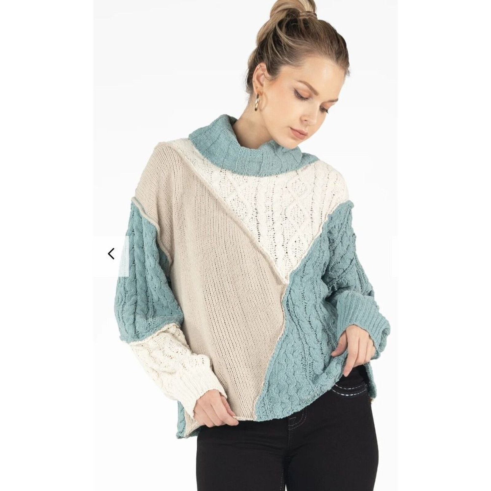 Miss Me Miss Me Colorblock Mixed Media Cable Knit Sweater Large Size L / US 10 / IT 46 - 2 Thumbnail