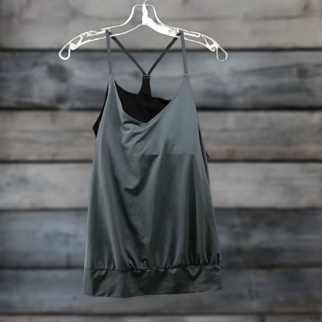 Gap Gap Gapfit Active Tank Top Womens S Built In Bra Layered Cinch Hem Gray Black Size S / US 4 / IT 40 - 1 Thumbnail