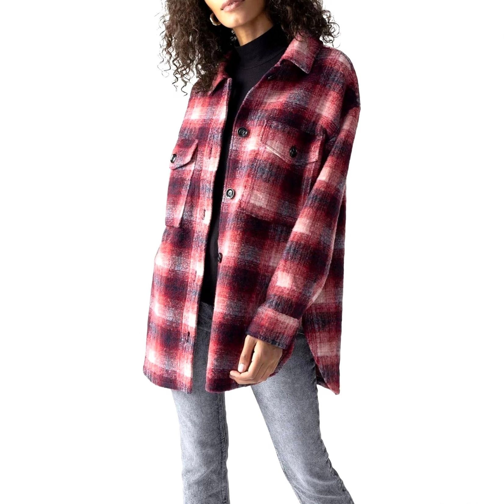 Sanctuary Sanctuary Women's Town Jacket Plaid Wool Blend Shacket Long Sleeve Button Snap Relaxed L Red Blue Casual Coat Size L / US 10 / IT 46 - 2 Thumbnail