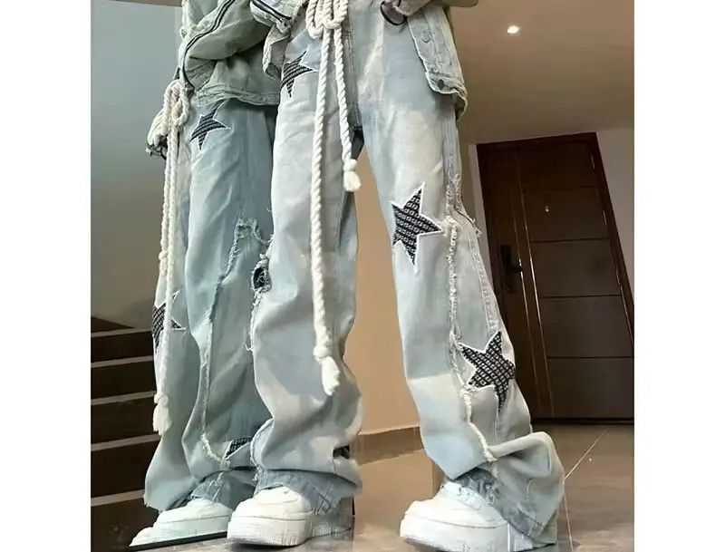 image of High Waist Star Pattern Print Patchwork Long Trousers in Blue, Men's (Size 27)