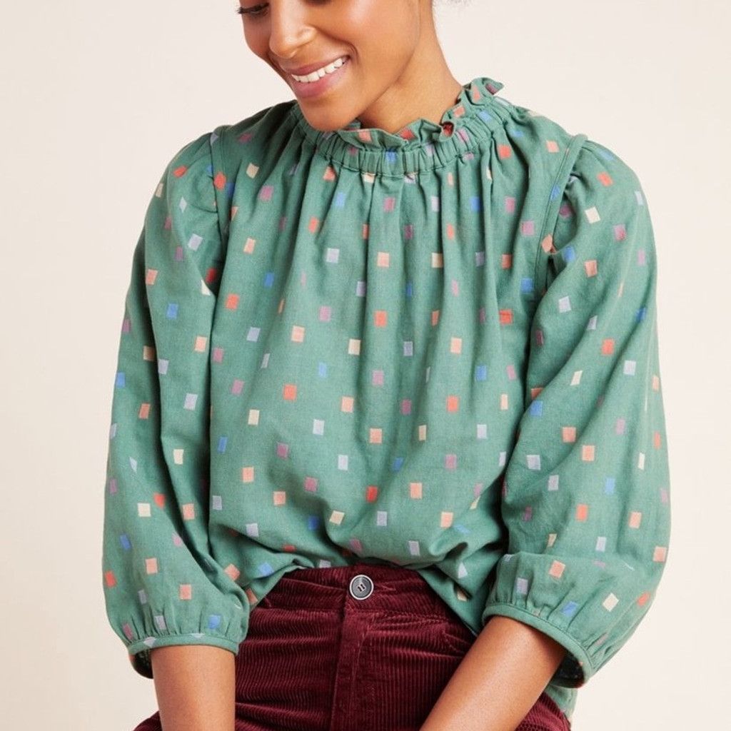 Anthropologie Anthropologie RO & DE Isabetta Button Back Green Blouse Size S / US 4 / IT 40 - 1 Thumbnail