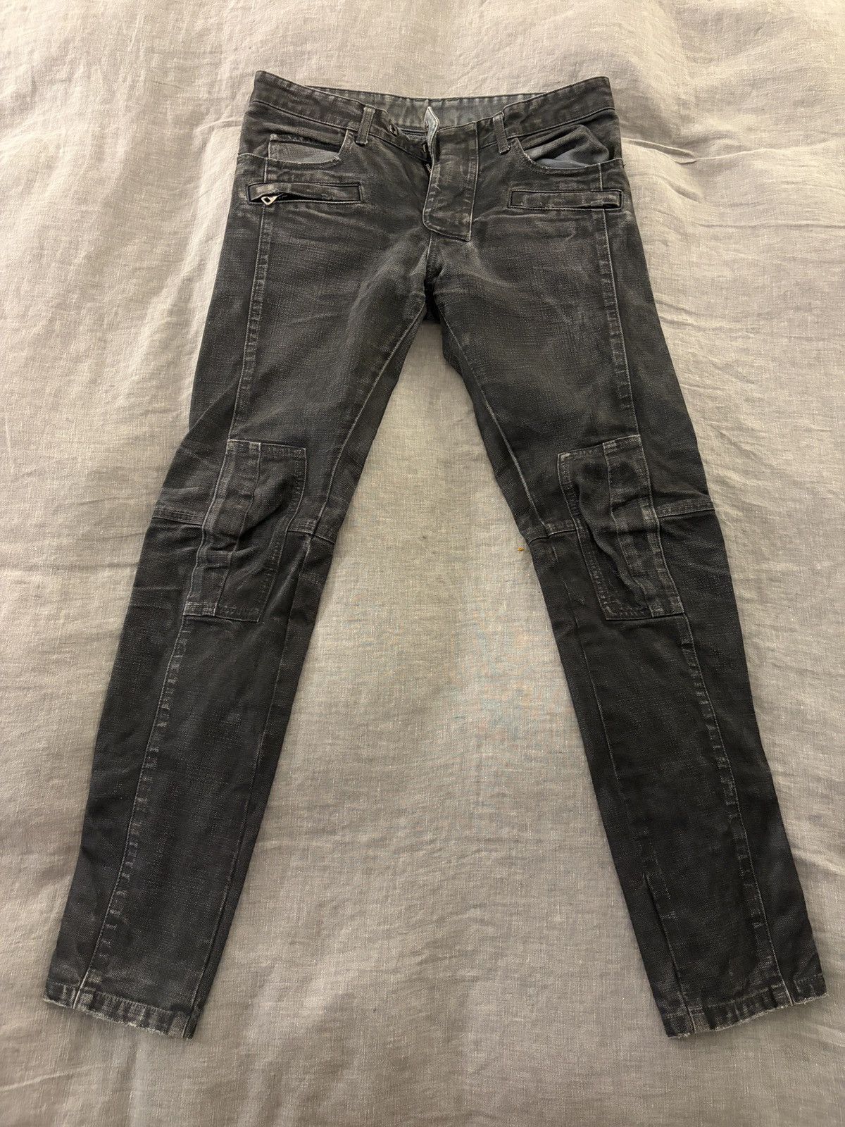 Balmain - Paris Black Washed Moto Zip Skinny Jeans