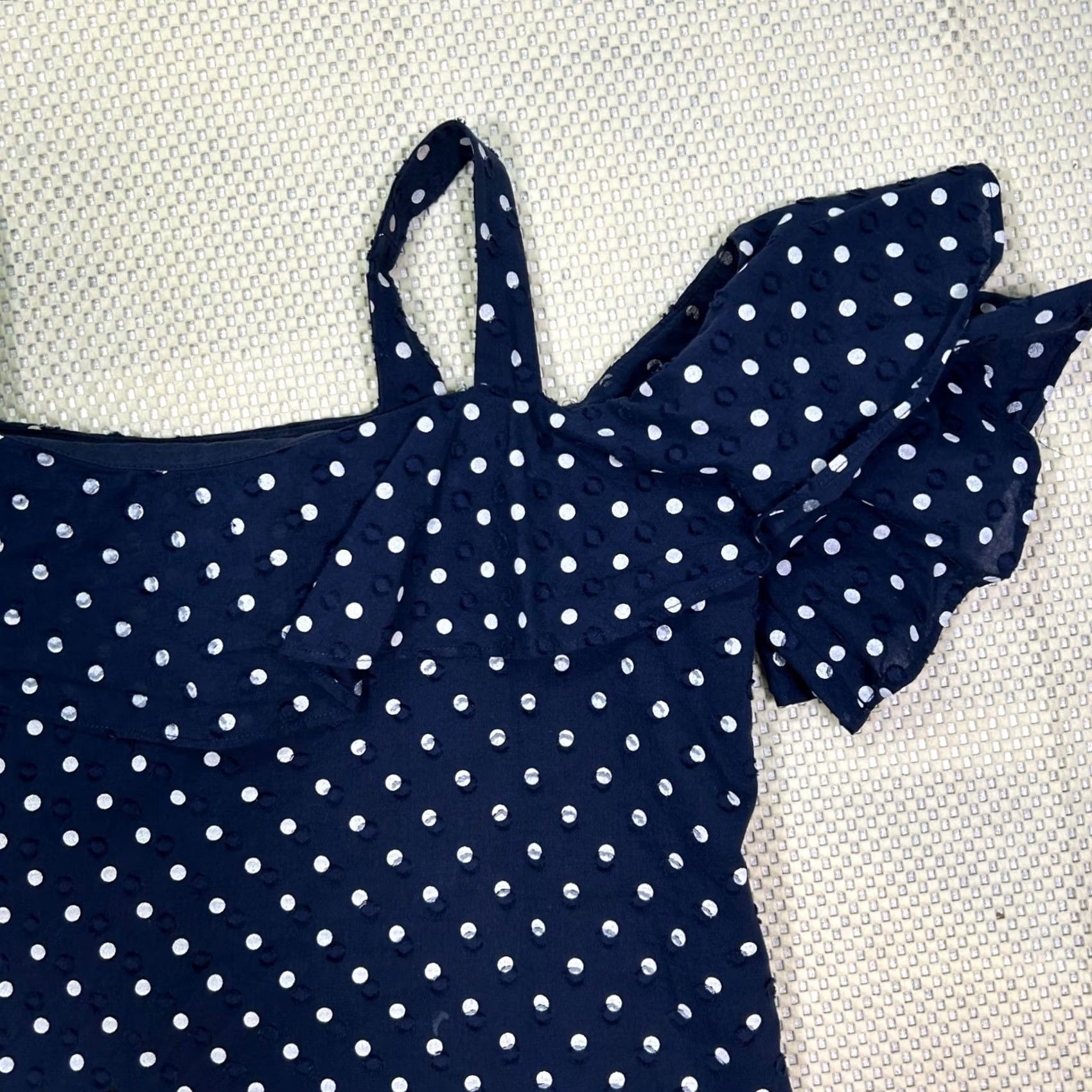 J.Crew J. Crew Blouse Polka Dot Navy Blue Cold Shoulder Ruffle Square Neck Womens 4 Size S / US 4 / IT 40 - 5 Thumbnail