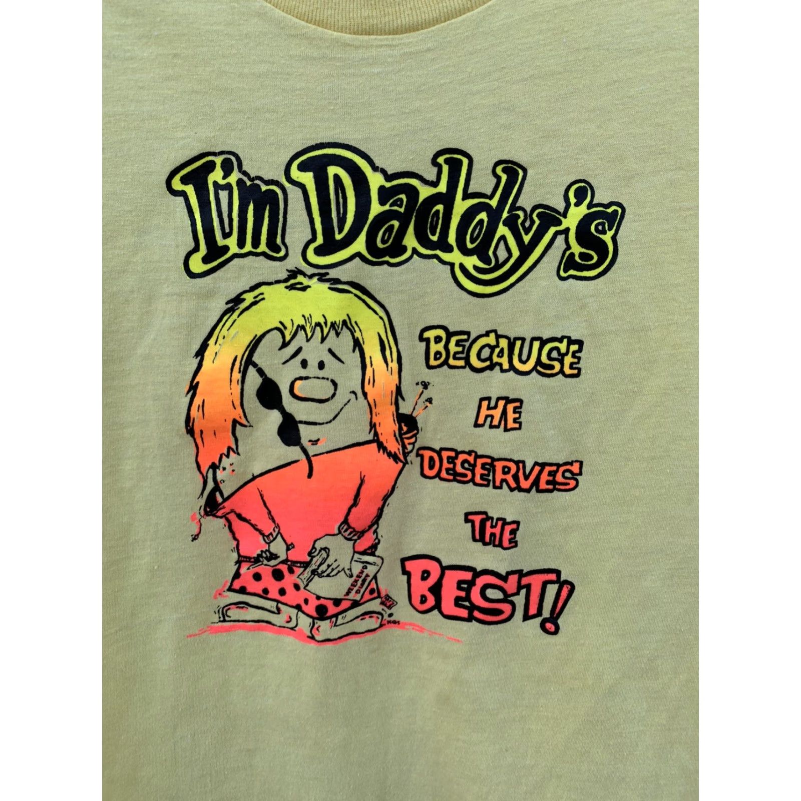 Fruit Of The Loom VINTAGE Im Daddys Because He Deserves The Best iron on graphics t shirt 1970s L Fruit of the Loom Yellow Neon graphic tee Mens Womens Boys Girls 1970s Size US L / EU 52-54 / 3 - 4 Thumbnail