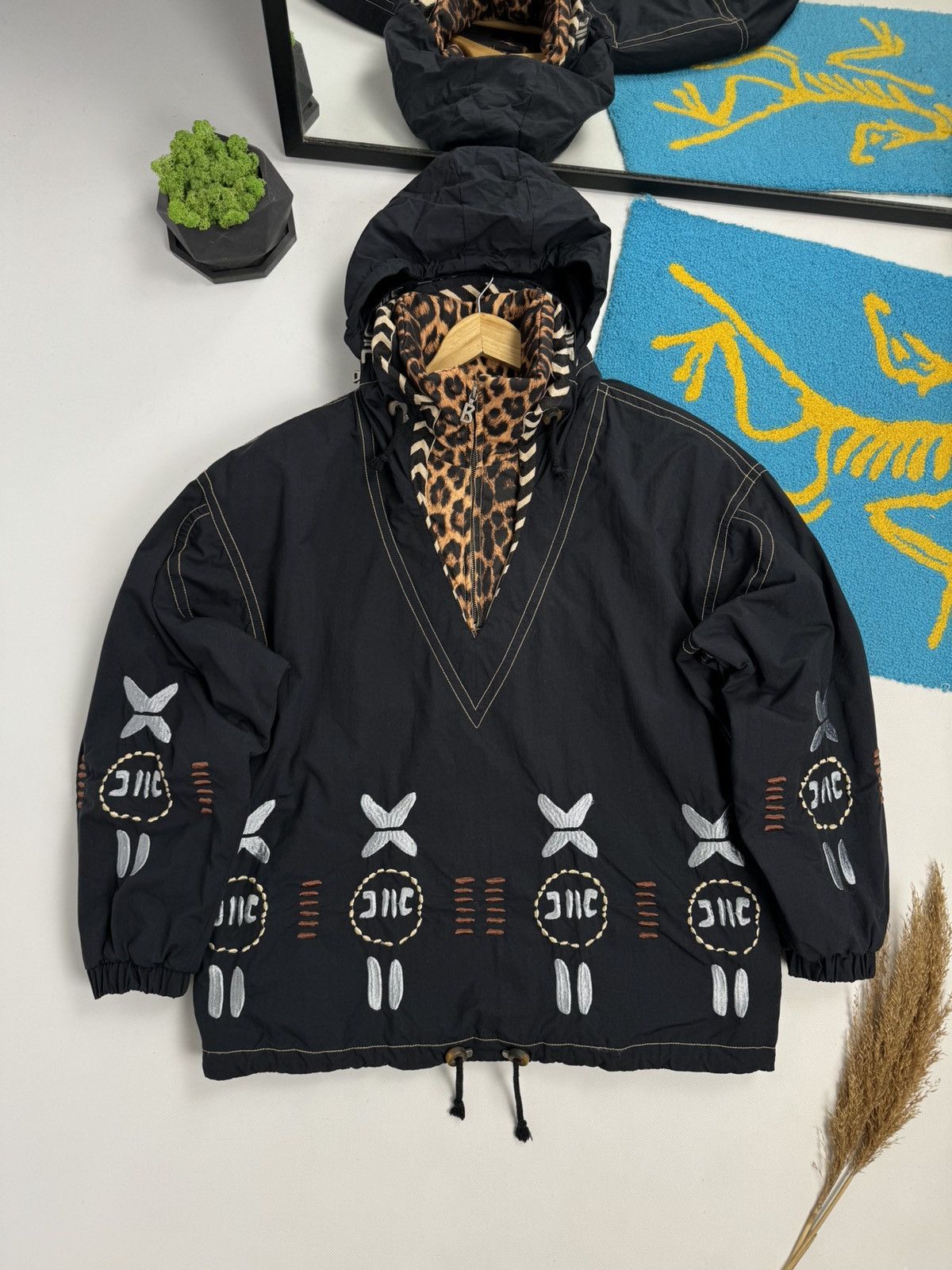 image of Vintage 90’S Bogner Aztec Ski Anorak Hooded Jacket in Black, Men's (Size Small)