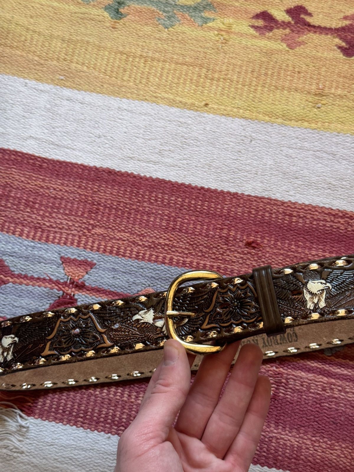 Genuine Leather Vintage 90’s Eagle Made In USA Western Cowboy Leather Belt Size ONE SIZE - 2 Thumbnail