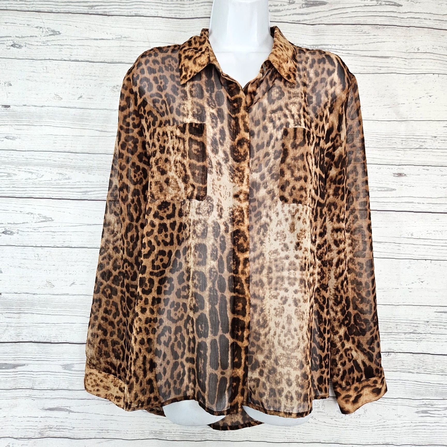 Vintage Chico's Womens Button Up Top Sz Large Brown Animal Print Sheer Long Sleeve Blouse Shirt Womens Size L / US 10 / IT 46 - 2 Thumbnail