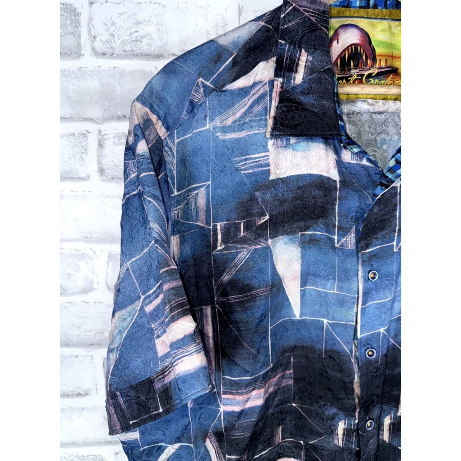 Robert Graham Robert Graham Silk Blend Geometric Print Button-Up Shirt Mens 2XL Short Sleeve Blue Classic Fit Size US XXL / EU 58 / 5 - 5 Thumbnail