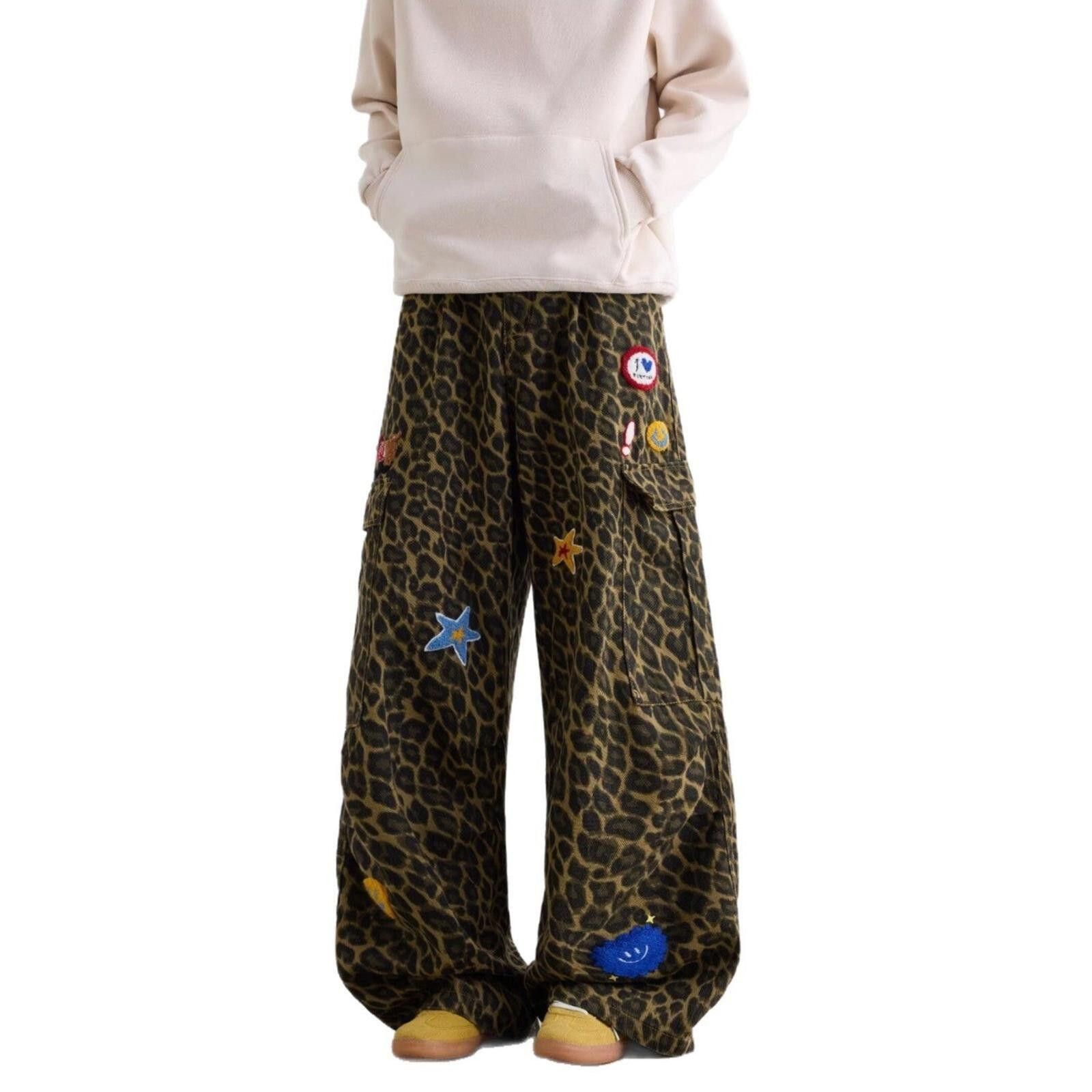 Other Leopard Print Wide Leg Cargo Pants with Patches Size US 27 - 5 Thumbnail