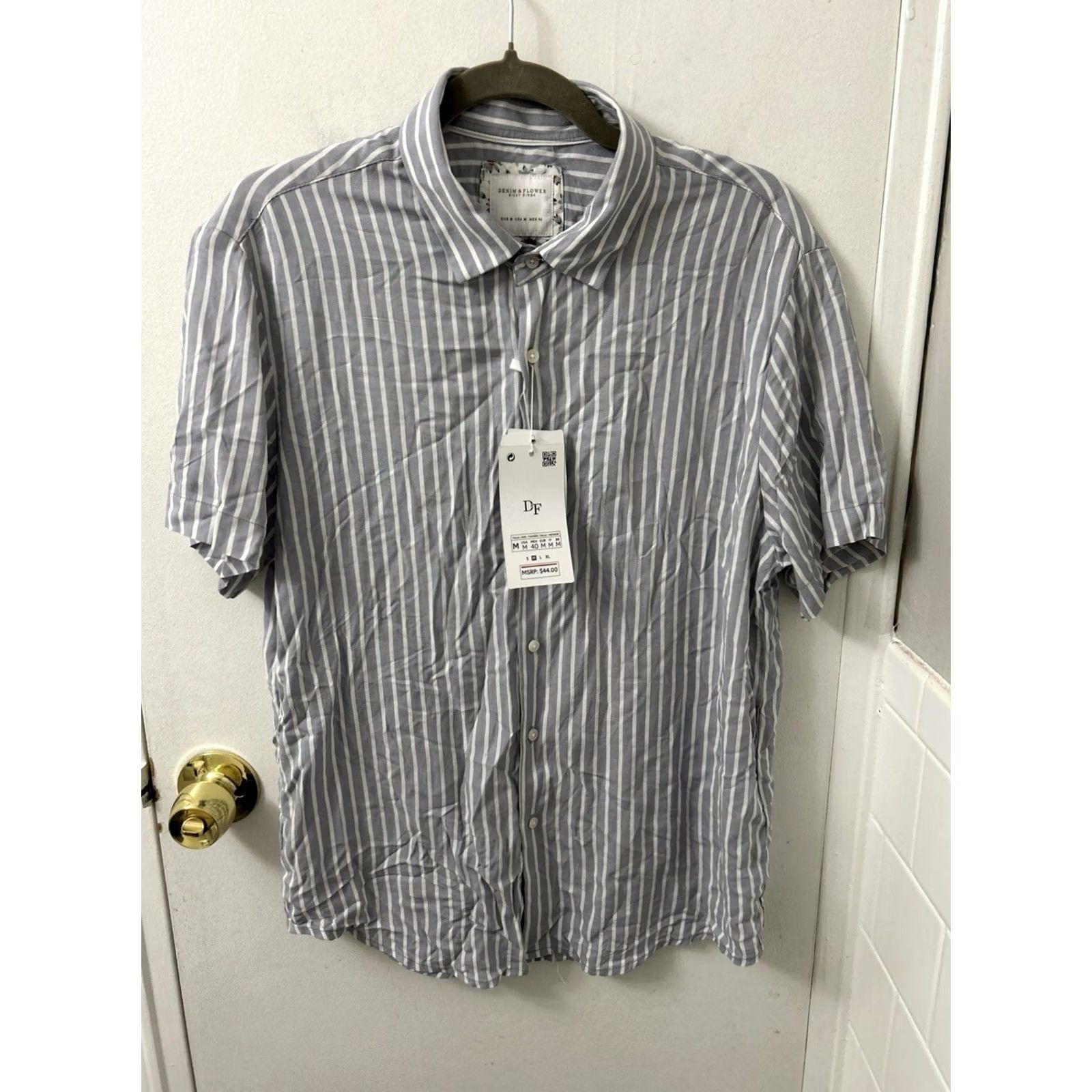 Denime Denim & Flower Ricky Singh Shirt Mens M Grey White Striped Viscose S/S NWT Size US M / EU 48-50 / 2 - 2 Thumbnail