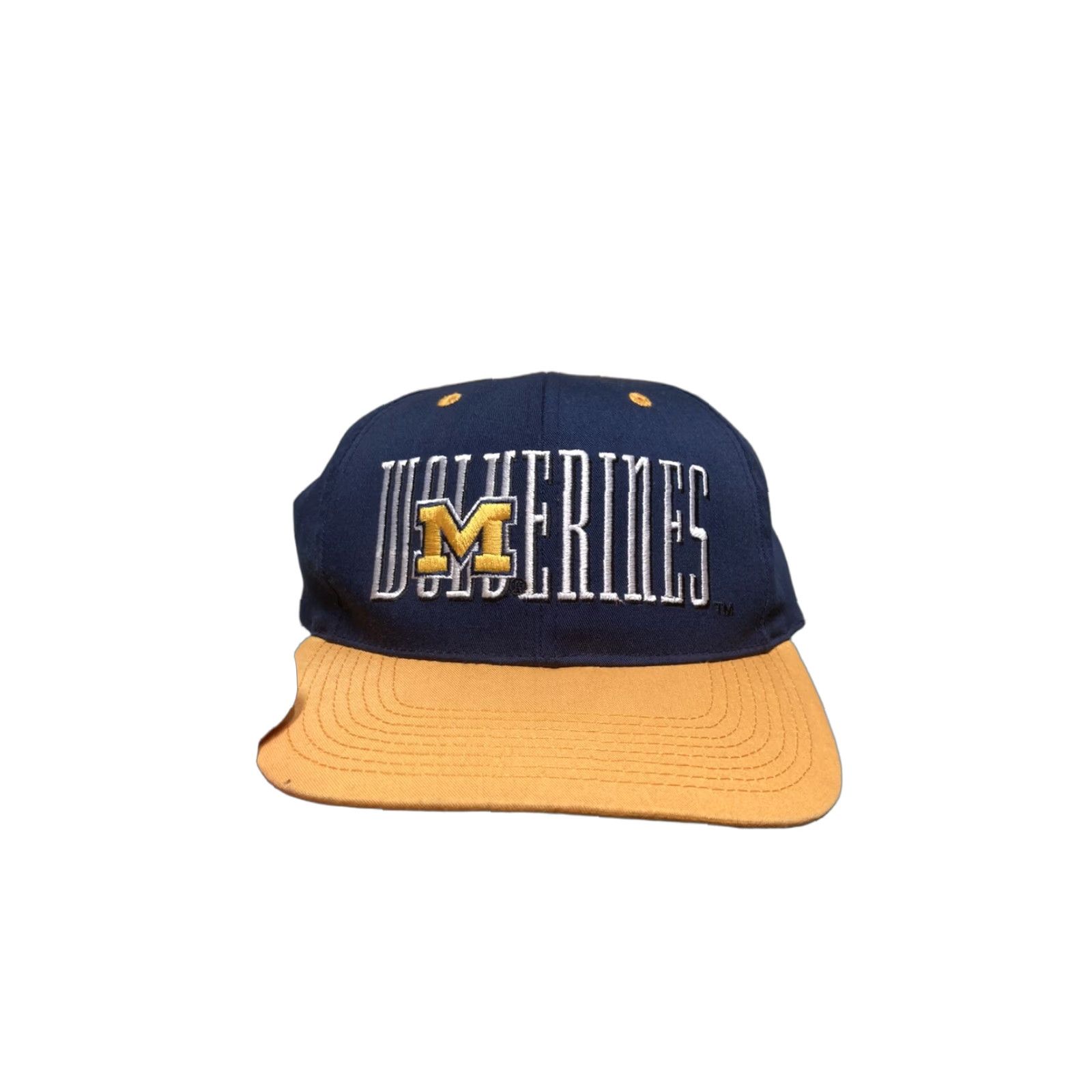 NCAA VINTAGE 90s SnapBack hat cap university of Michigan Wolverines spell out NCAA Men Adjustable Blue Hat Size ONE SIZE - 1 Thumbnail