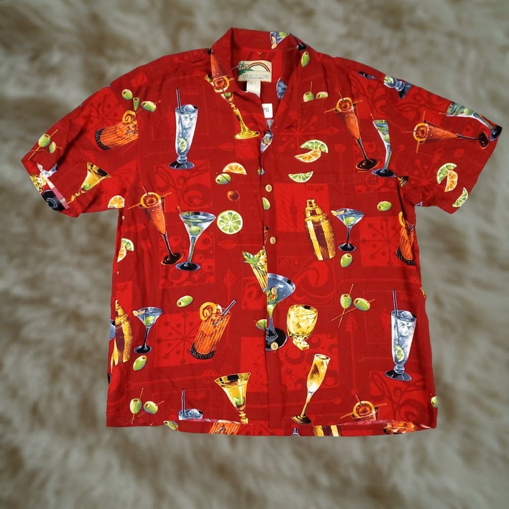 Paradise Found Paradise Found Shirt Mens Medium Red Vintage Hawaiian Tropical Graphic Print Rayon Button-Up Short Sleeve, Collared, 1990s-2000s, Men’s Size US M / EU 48-50 / 2 - 1 Thumbnail