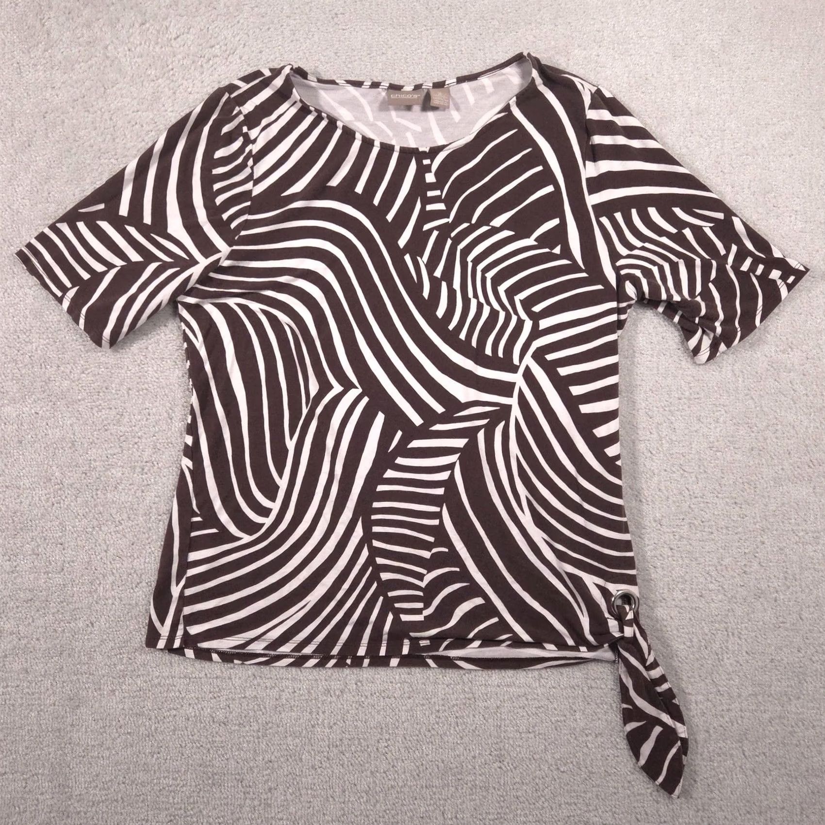 Vintage Chico's Shirt Womens 2 Brown Zebra Stripe Scoop Neck Short Sleeve Tie Hem Top Shirt Size XS / US 0-2 / IT 36-38 - 2 Thumbnail