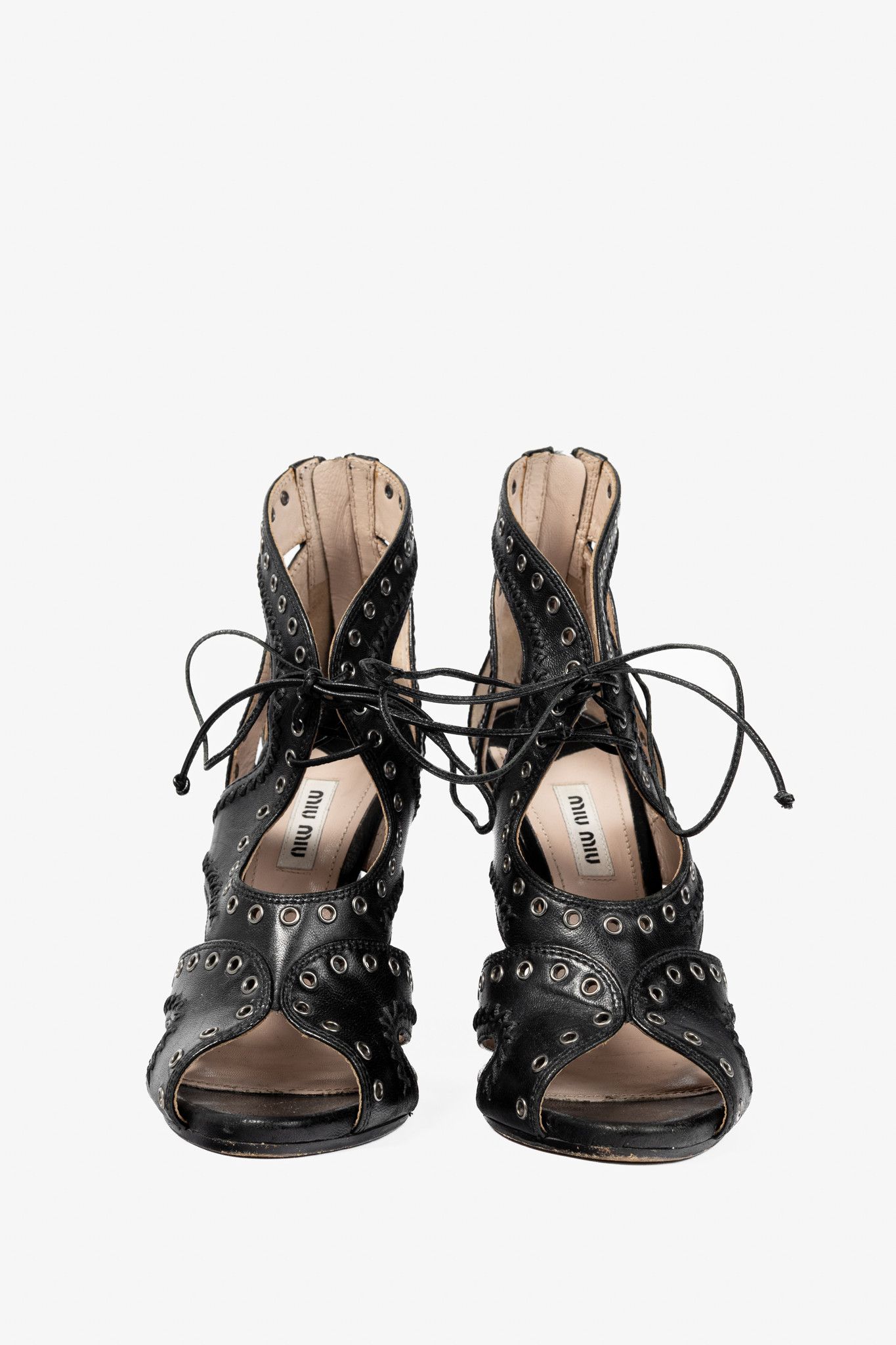 Miu Miu Miu Miu Black Leather Grommet Lace-Up Sandals Size US 6.5 / IT 36.5 - 2 Thumbnail