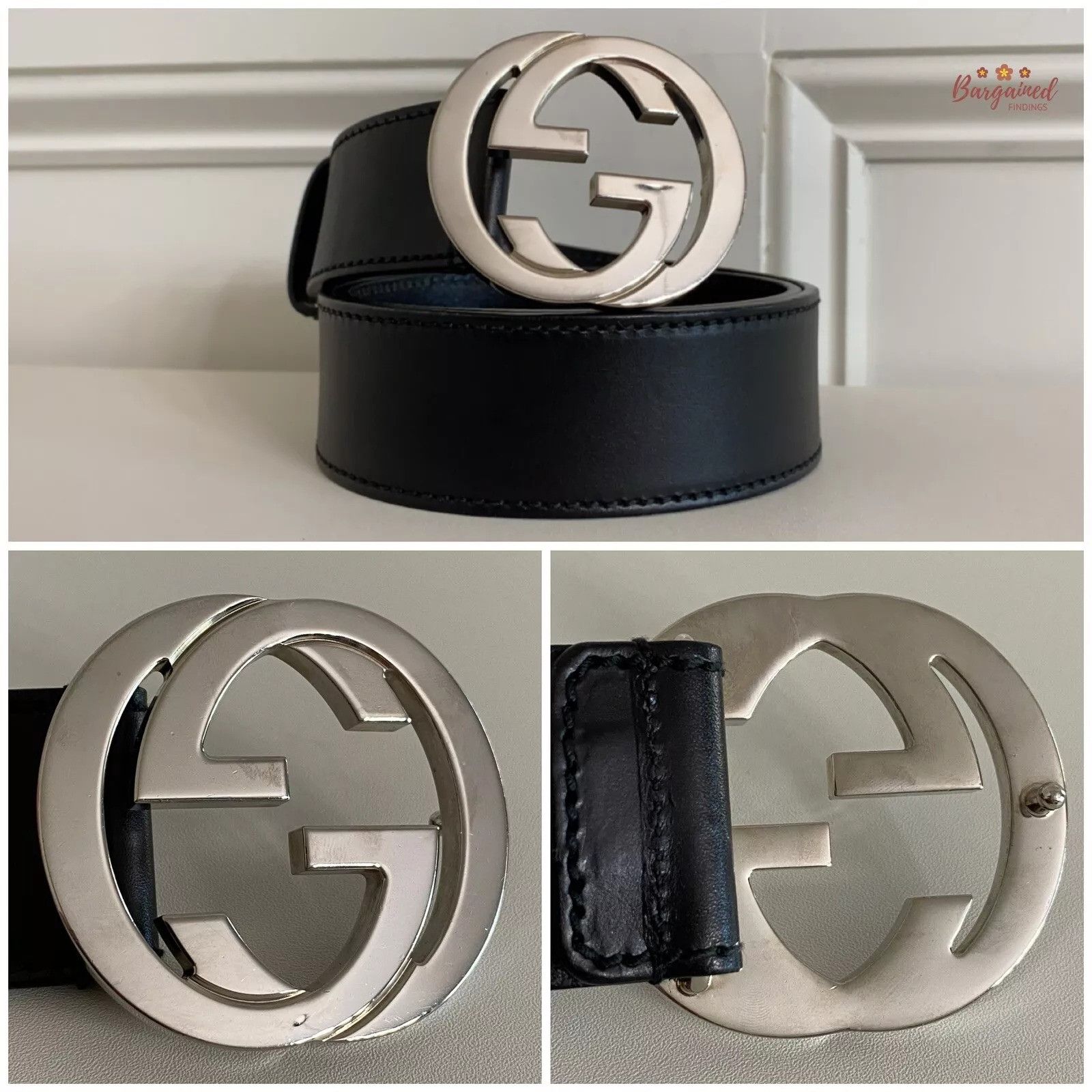 Gucci Gucci Black Calfskin Silver Interlocking G Buckle Belt Size 30 - 2 Thumbnail