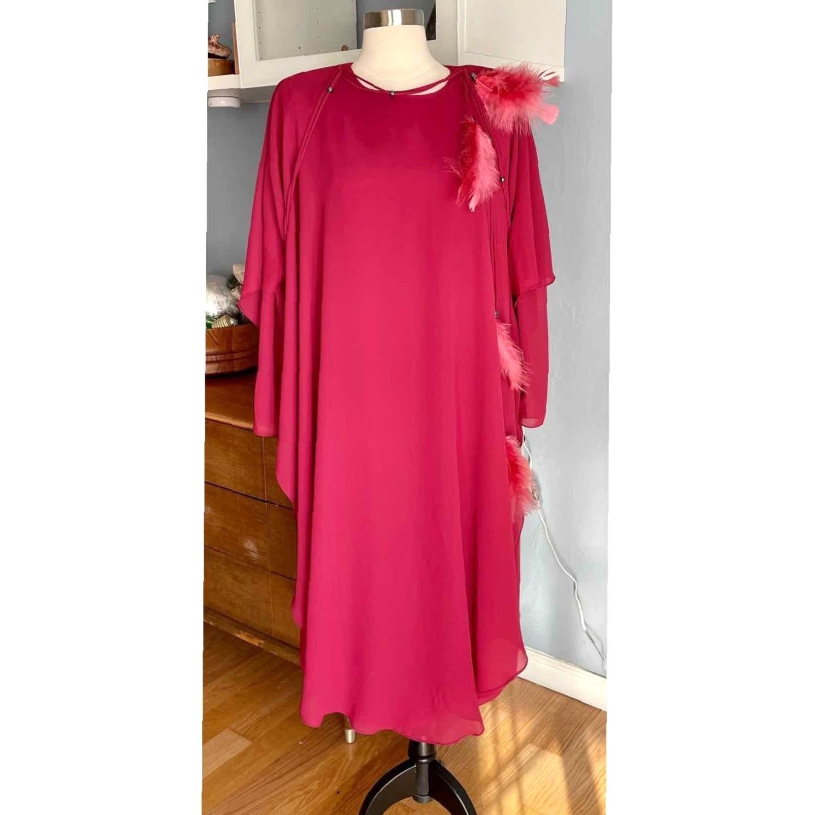 Vintage VINTAGE URSULA OF SWITZERLAND Dress Chiffon Flowy Drape Feathers 12 Pink 1980s Eveningwear Size XL / US 12-14 / IT 48-50 - 3 Thumbnail