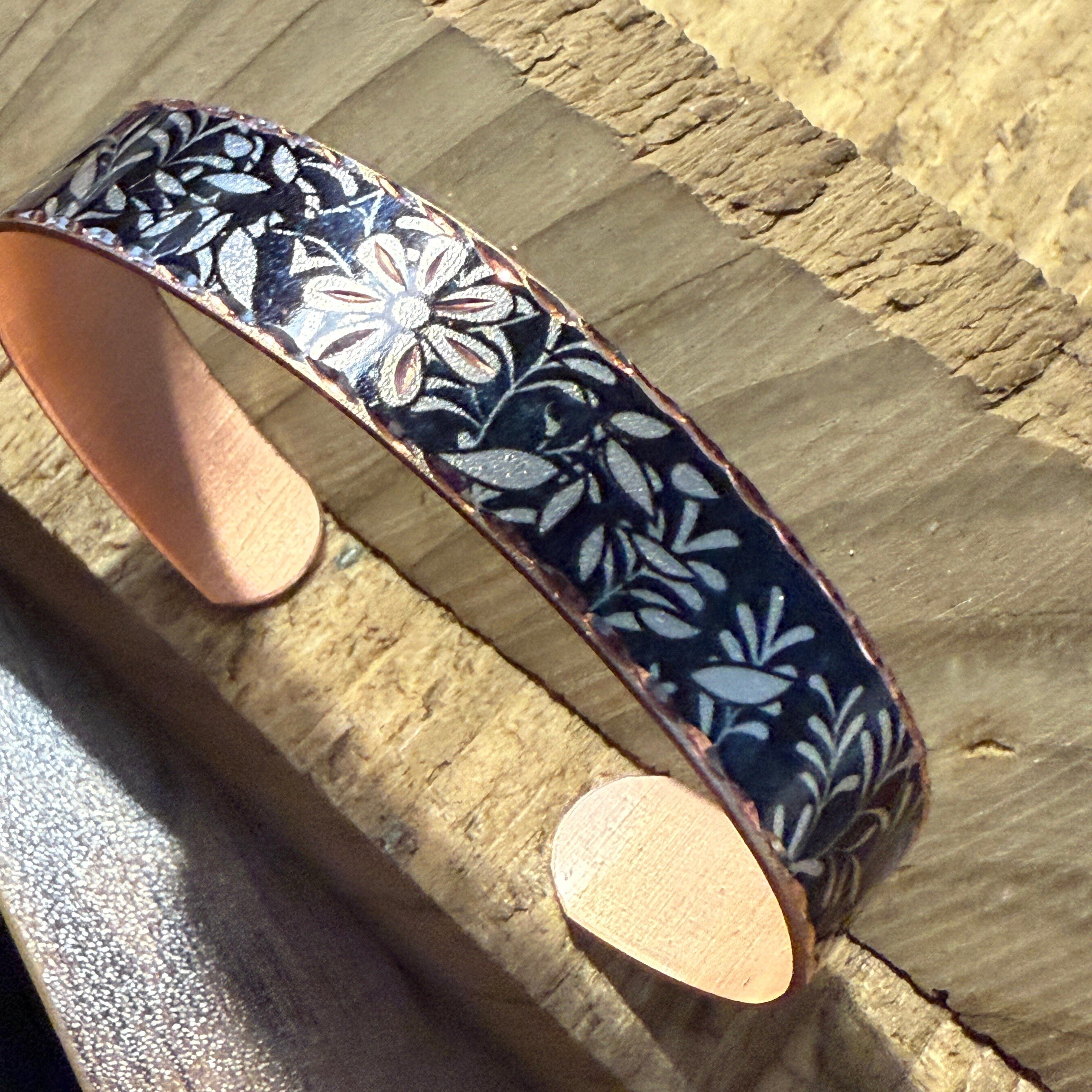 Other Handcrafted Copper Black Diamond Floral Narrow Cuff Bracelet Size ONE SIZE - 1 Thumbnail