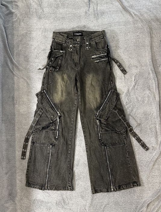 Designer No Faith Studios Green Black Cargo Used Denim Heavy Pants