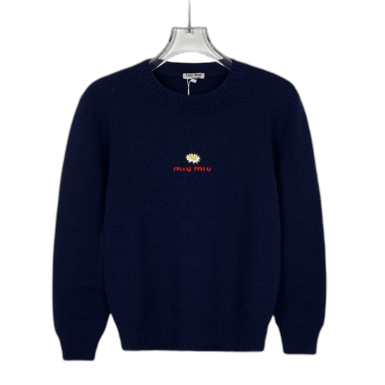Prada Miu Miu Navy Wool Sweater with Embroidery Size S / US 4 / IT 40 - 1 Thumbnail