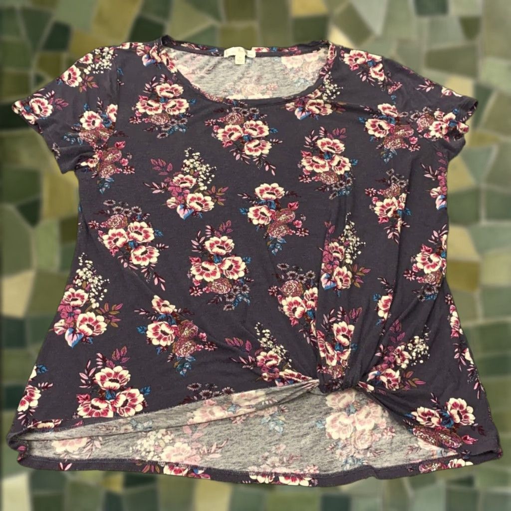Vintage Nine Britton Shirt Blouse Womens XL Gray Floral Office Business Casual Short Sleeve Round Neck Pullover Stretch Size XL / US 12-14 / IT 48-50 - 1 Thumbnail