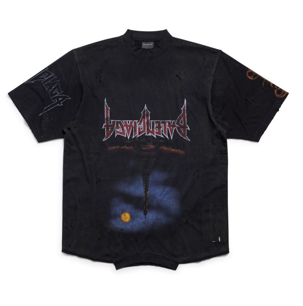 Image of Balenciaga Paris Moon Upside Down T-Shirt Oversized In Black Faded, Men's (Size Small)