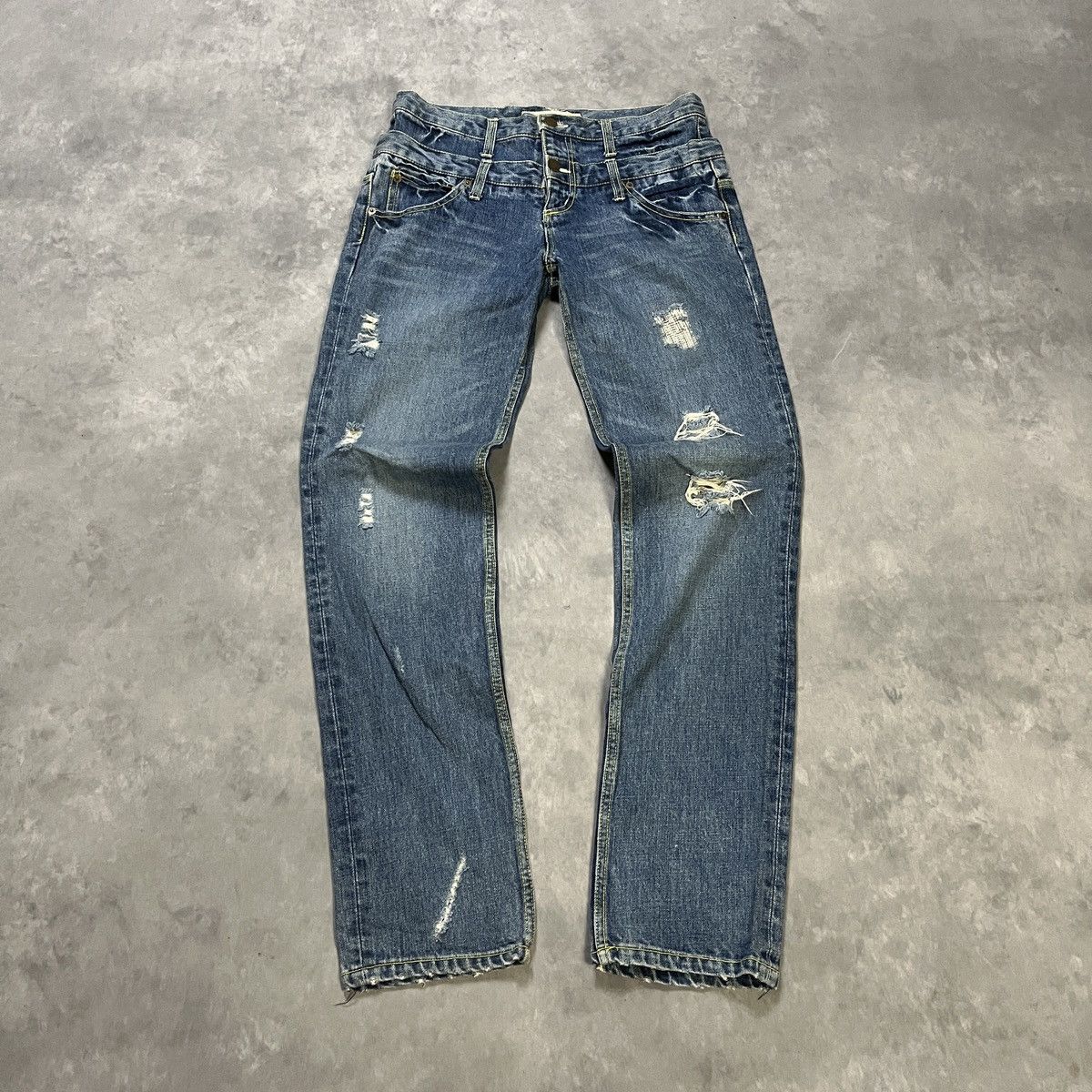 Japanese Brand 2000s Double Waist Art Pocket Distressed Fade Jeans Pants Size US 30 / EU 46 - 2 Thumbnail
