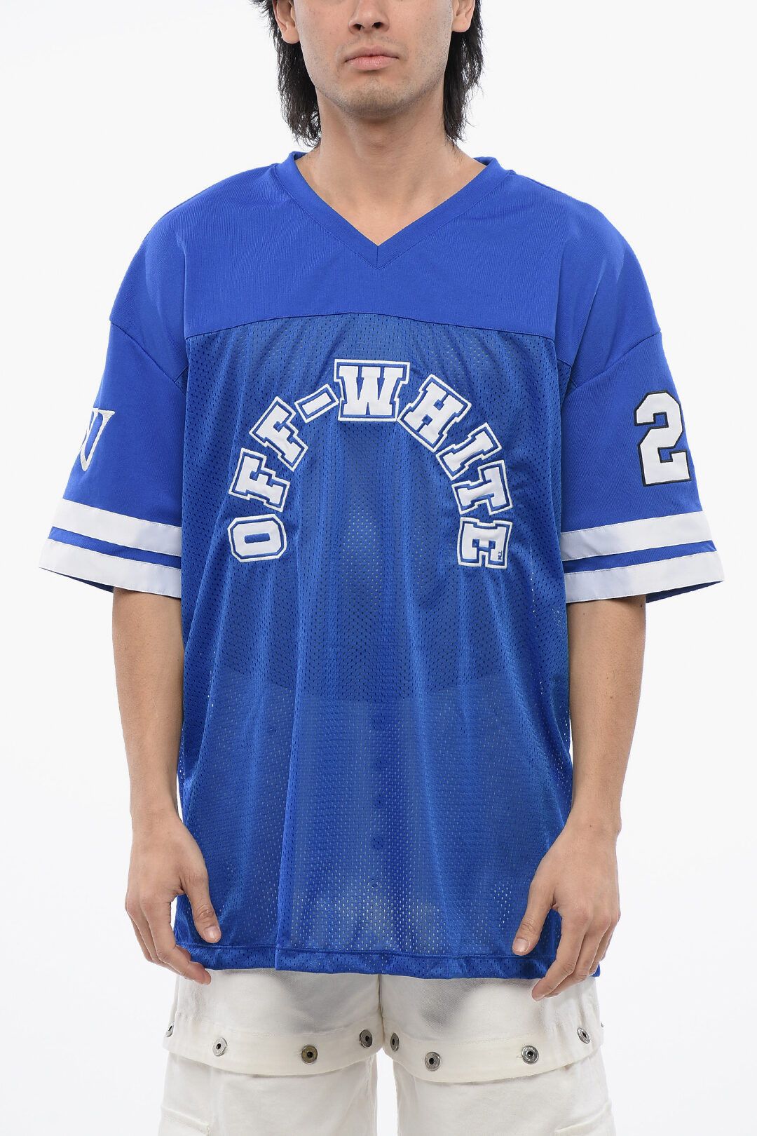 og1mm1025 Embroidered Mesh Football T-Shirt in Blue
