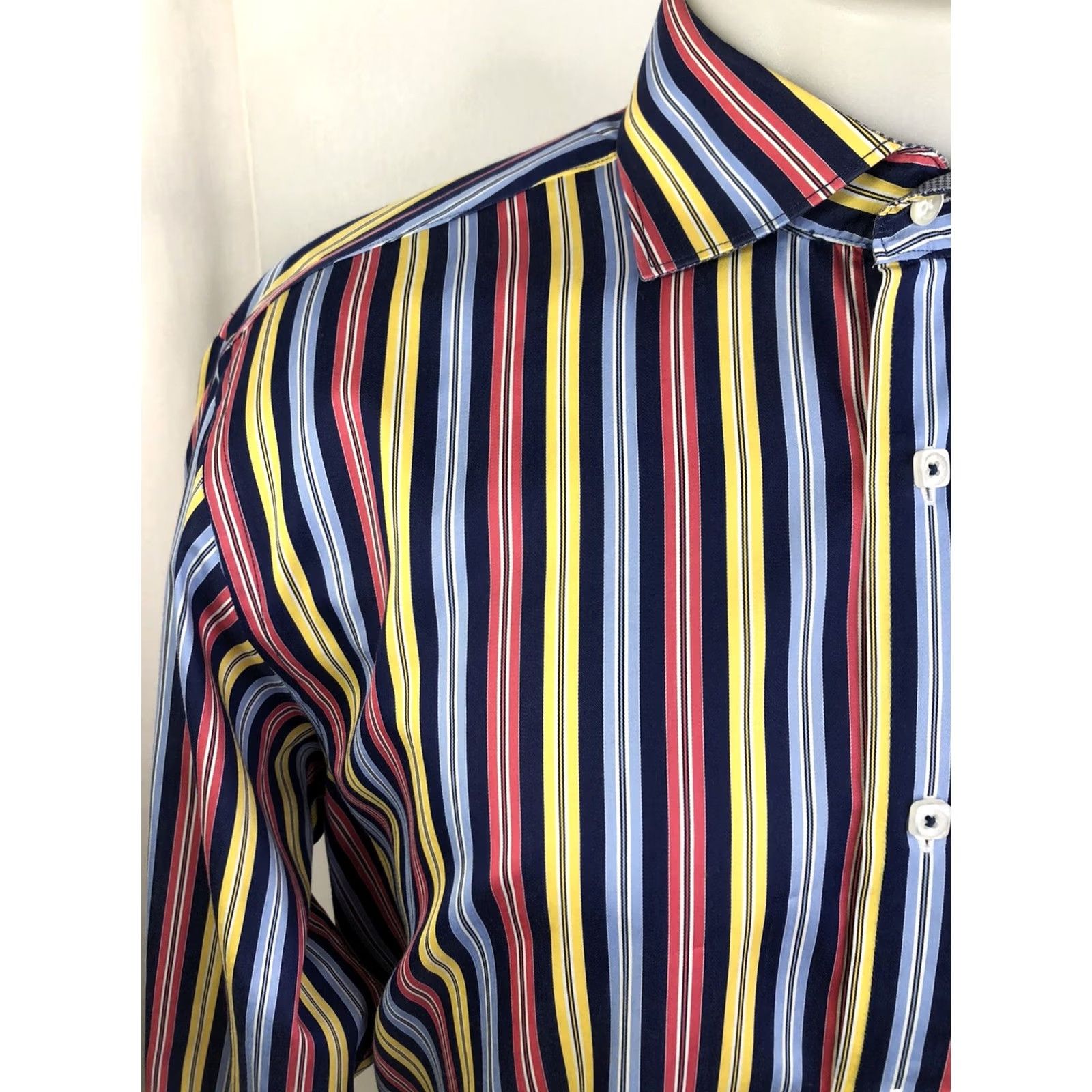 BUGATCHI BUGATCHI Shirt Mens L Embroidered Lion Classic Fit Striped Blue Red Yellow Colorful Button-Up Size US L / EU 52-54 / 3 - 3 Thumbnail