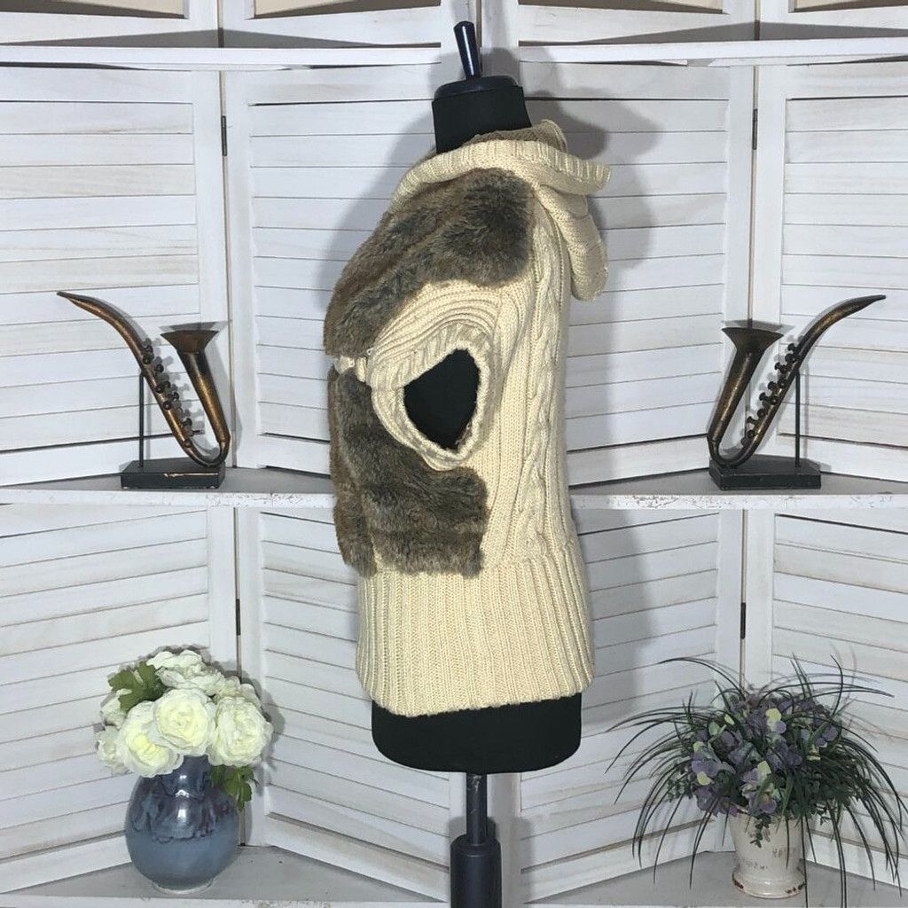 Vintage 90s Y2K Faux Fur vest wool brown beige cable knit w/ hood S Size S / US 4 / IT 40 - 4 Thumbnail