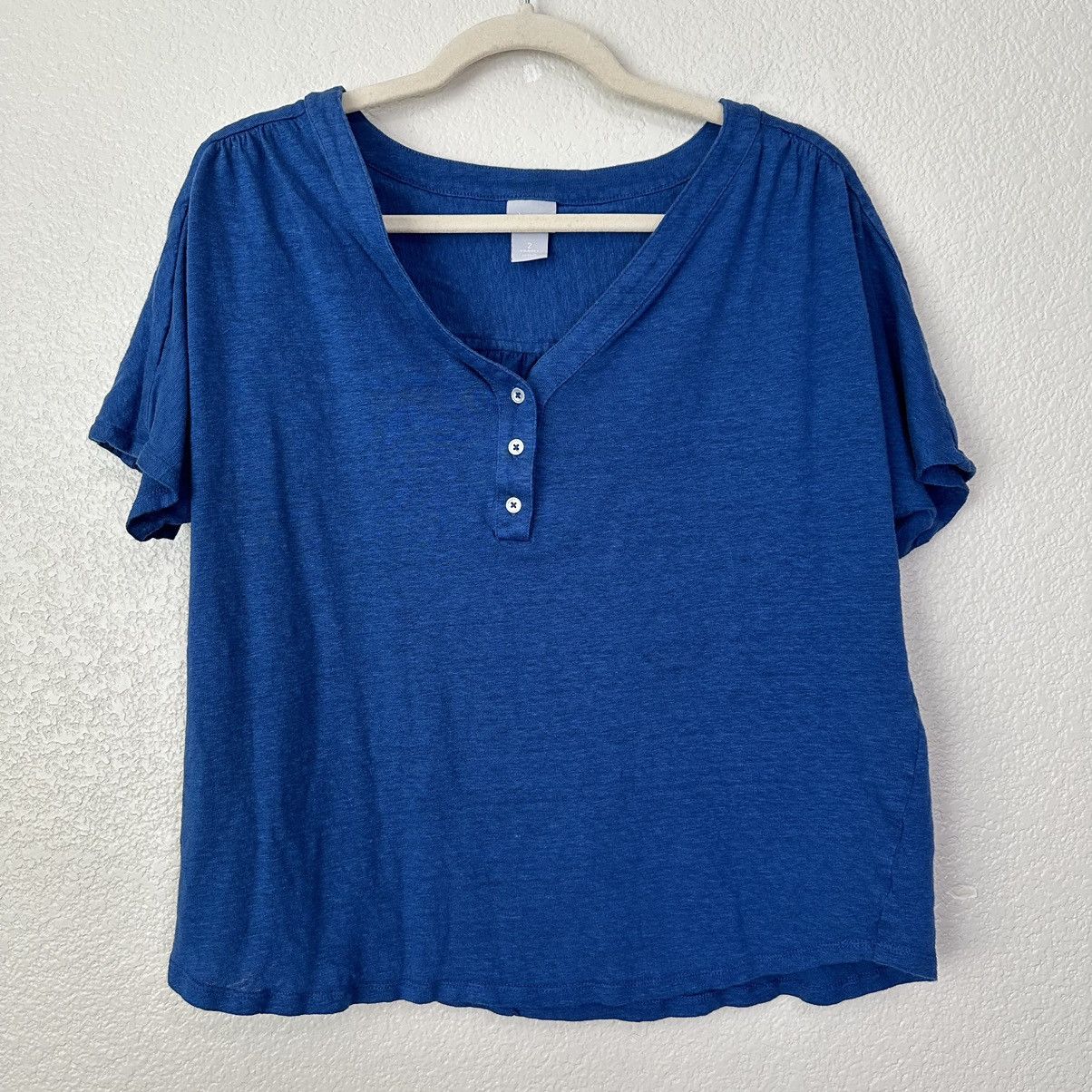 Chicos Chico’s 100% Linen Blue Stretch Henley Tee Size L / US 10 / IT 46 - 1 Thumbnail