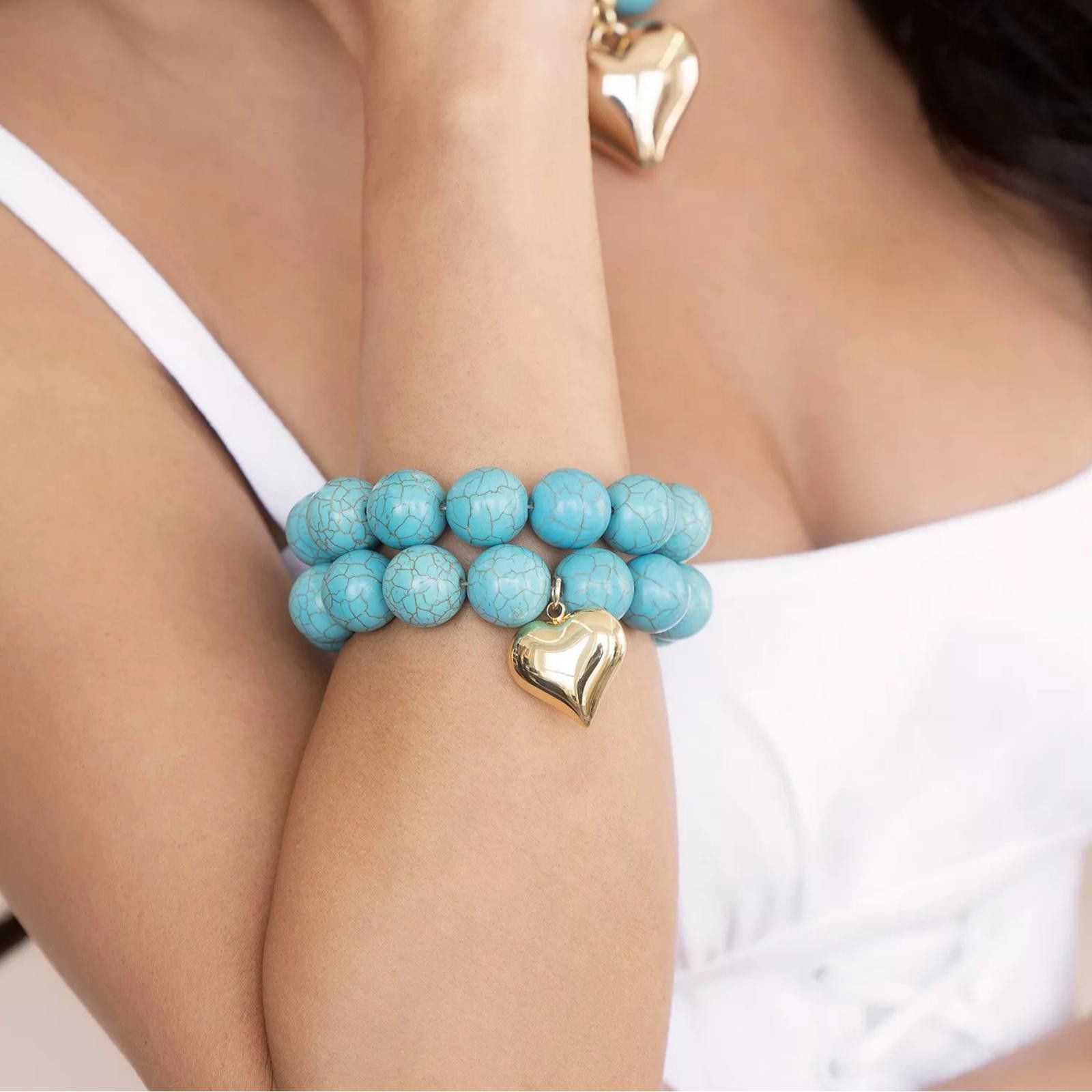 Other ETTIKA Turquoise and Gold Heart Beaded Elastic Bracelet Set Size ONE SIZE - 5 Thumbnail