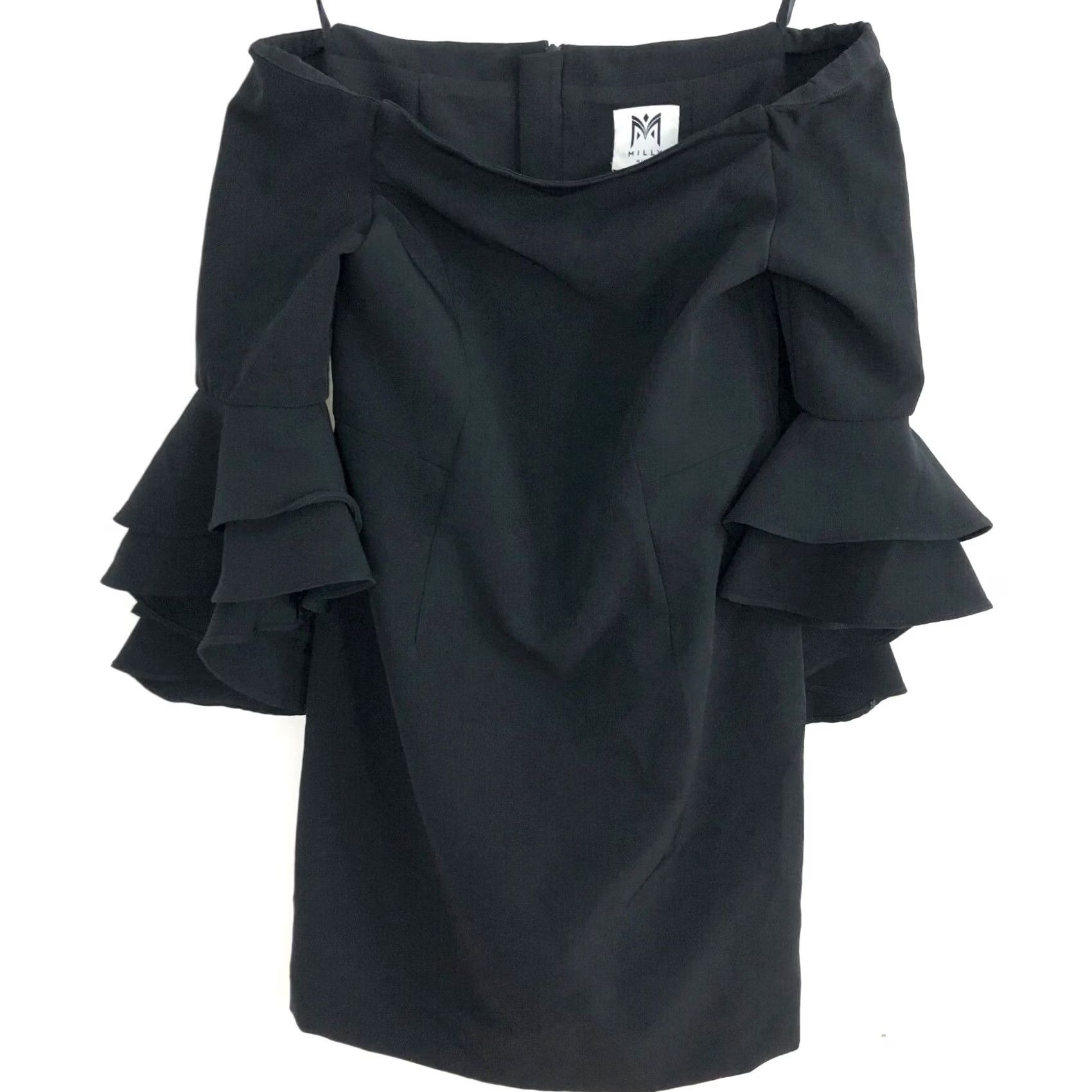 MILLY Milly Minis Dress Off the Shoulder Mini Sleeveless Short Length 12 Women's Flounce Layered Black Pullover Size 34" / US 12 / IT 48 - 3 Thumbnail