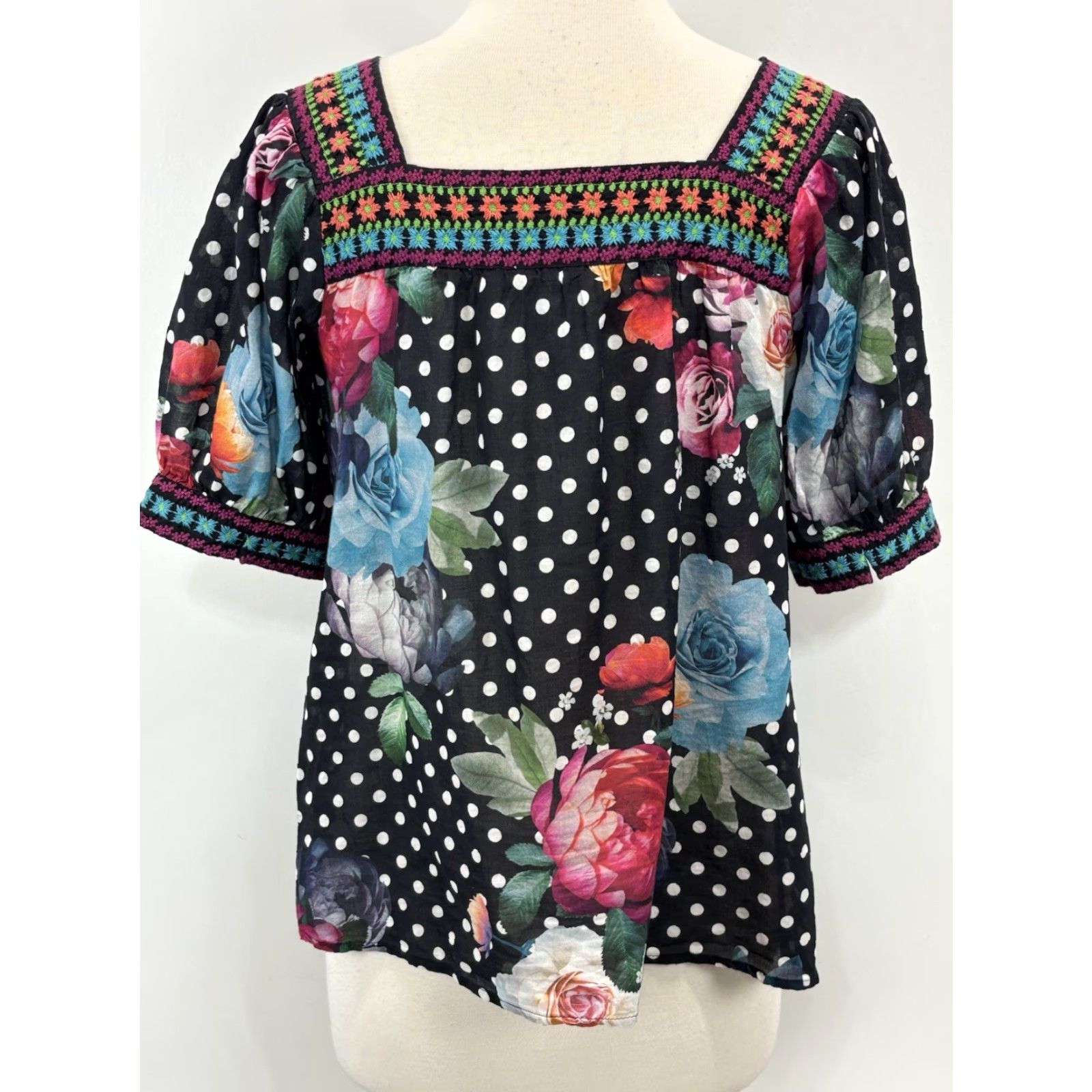 Johnny Was Johnny Was Floral Polka Dot Shirt Top Women's Small Multicolor Puff Sleeve Square Neck Embroidered Regular Fit Size S / US 4 / IT 40 - 3 Thumbnail