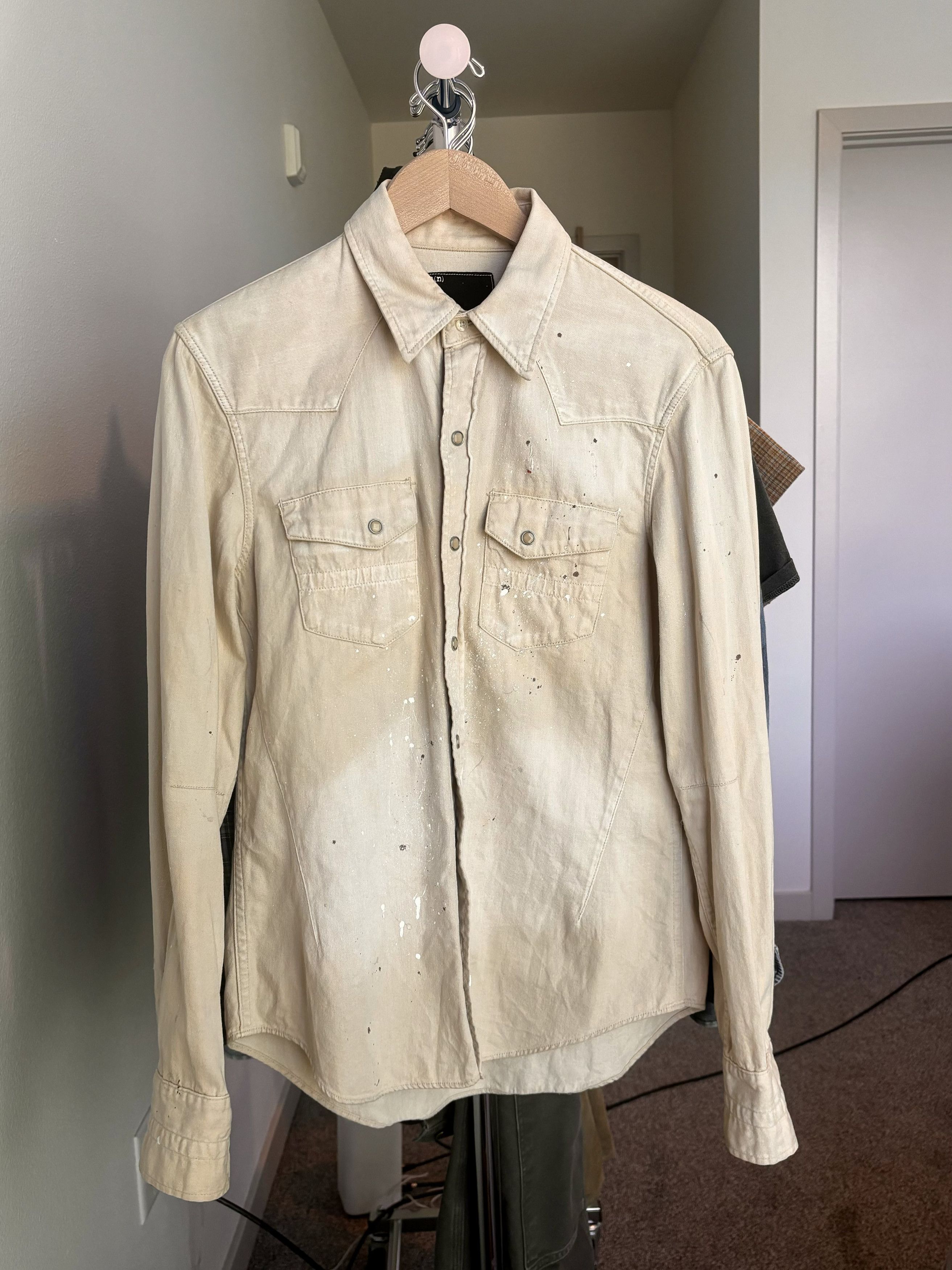 Image of Number N Ine Number (N)Ine Paint-Distressed Western Pearl Snap Shirt in Tan, Men's (Size Small)