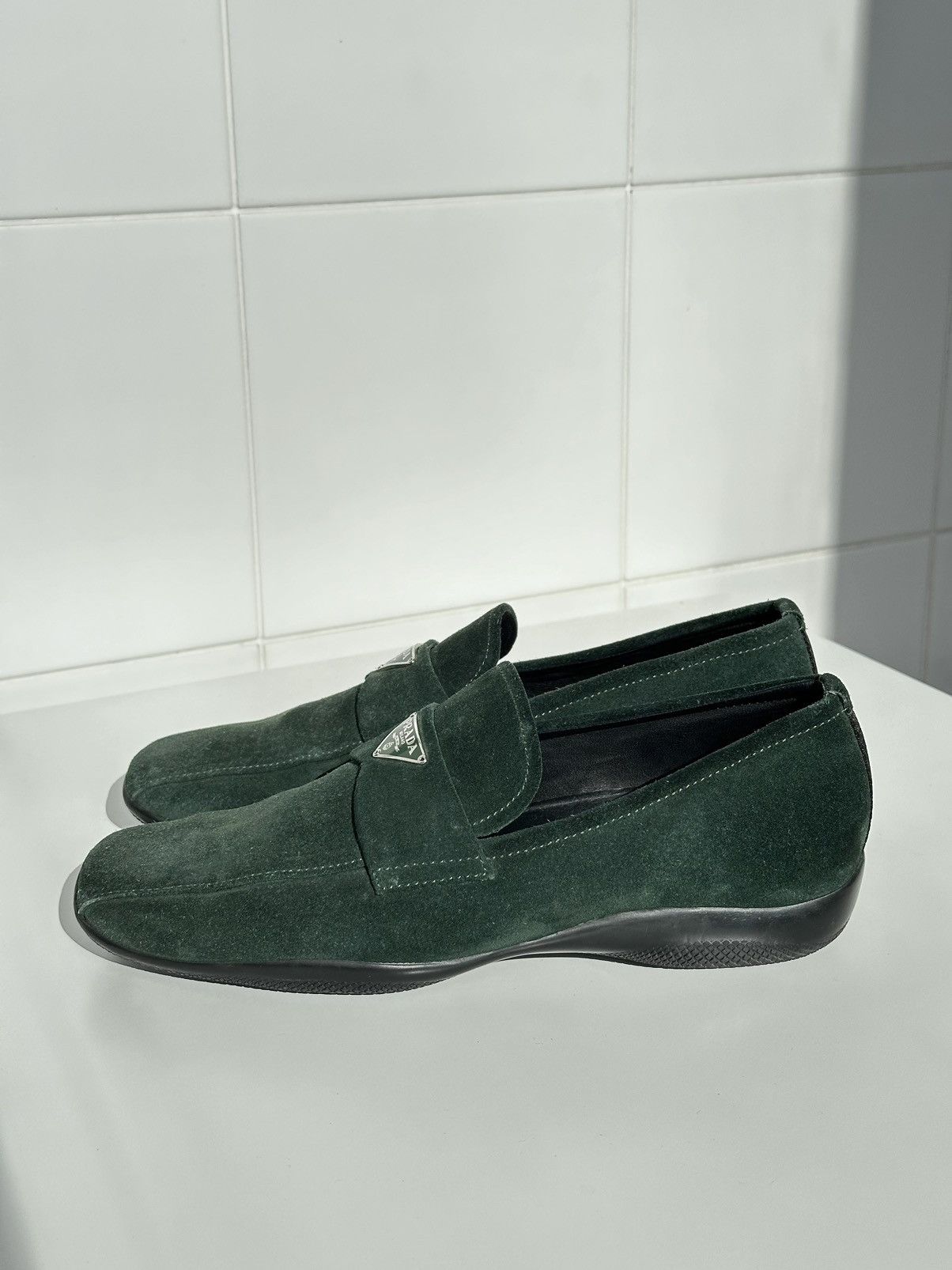 Prada PRADA Green Suede Triangle Logo Square Toe Loafers Slip One Size US 6 / IT 36 - 3 Thumbnail