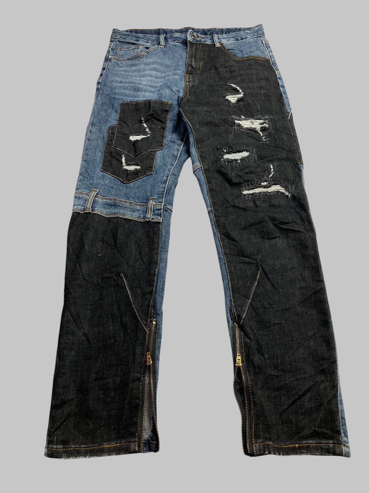 Japanese Brand × PPFM BT-PLAY Patchwork Ripped Two Tone Unique Slim Fit Jeans💥 Size US 31 - 1 Thumbnail