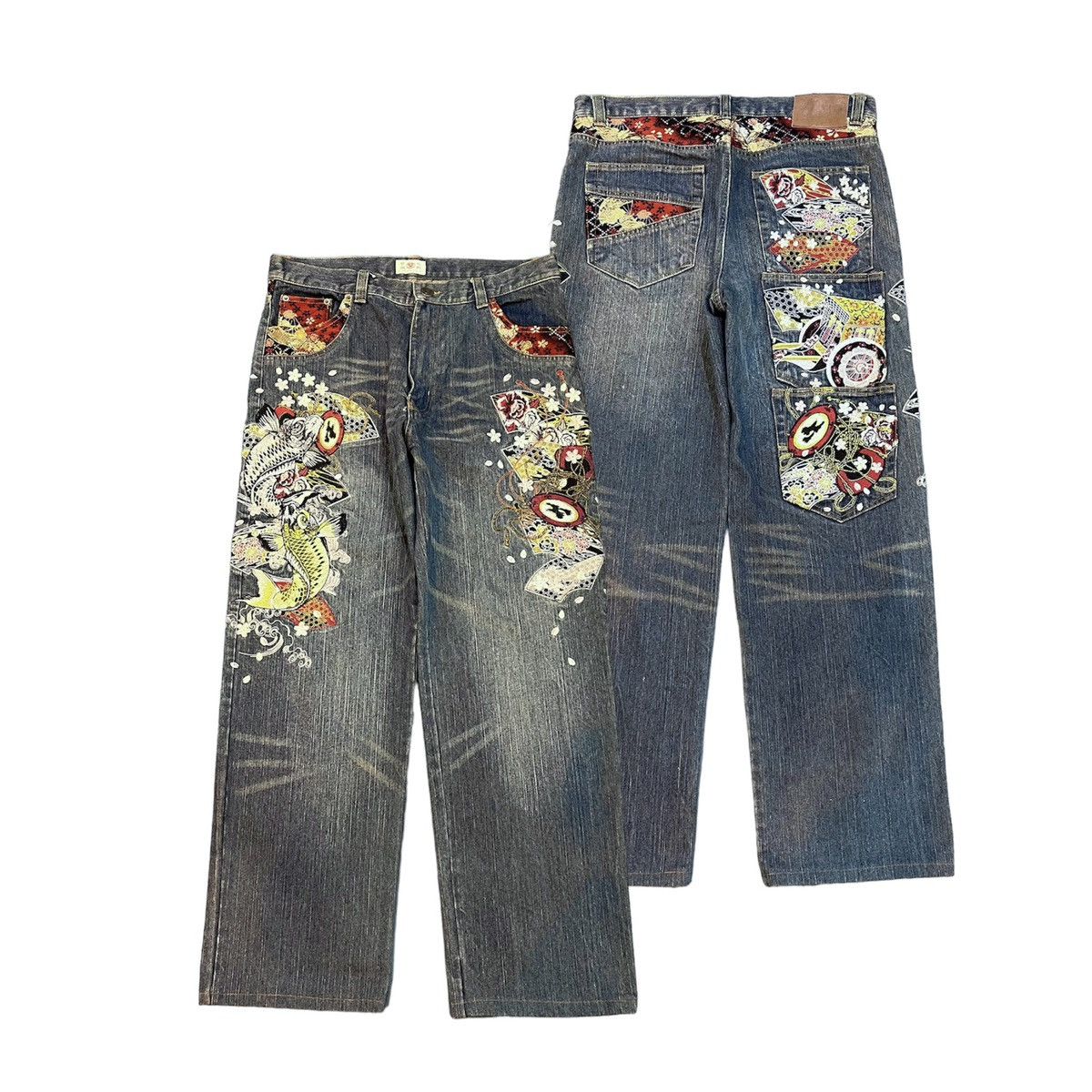 image of Sukajan Souvenir Jacket x Vintage Karakuri Tamashi Embroidered Koi Multipocket Jeans in Blue (Size 