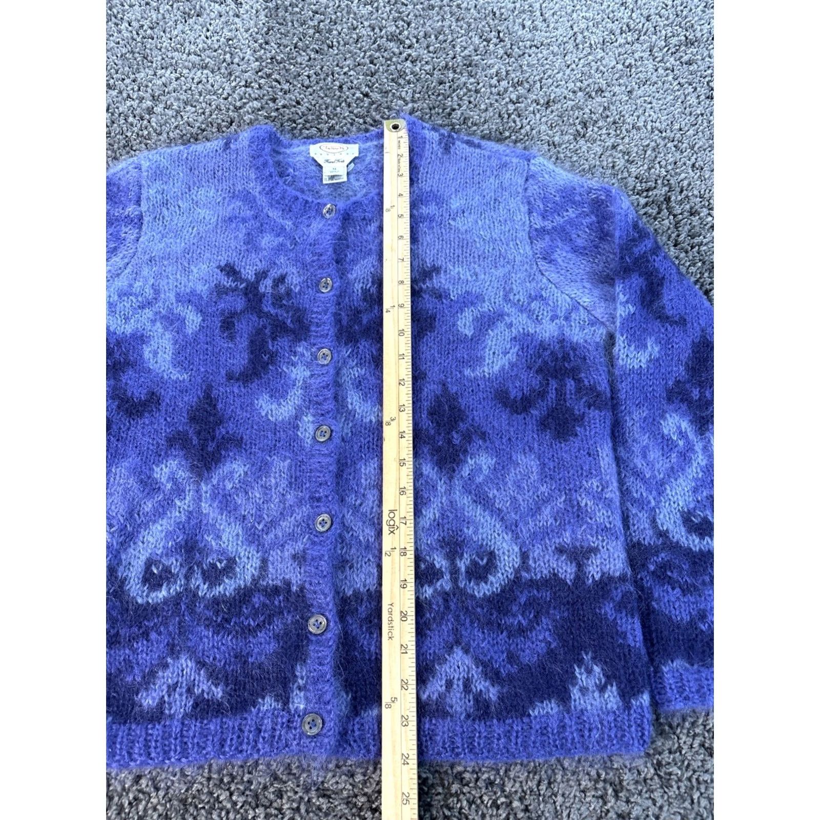 Talbots VINTAGE Talbots Cardigan Sweater PM Blue Hand Knit Fair Isle Mohair Blend 90s Vtg Womens Size M / US 6-8 / IT 42-44 - 2 Thumbnail