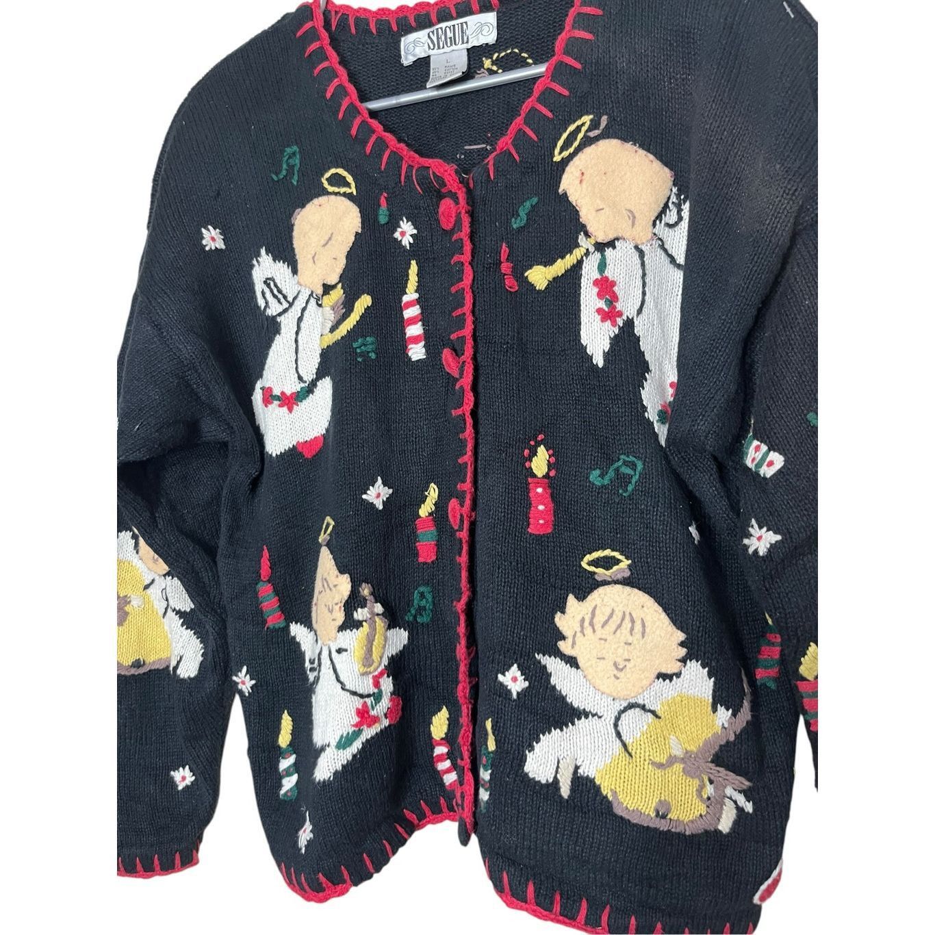 Other Vintage Segue Black Christmas Angel Print Cardigan Sweater S Size L / US 10 / IT 46 - 2 Thumbnail