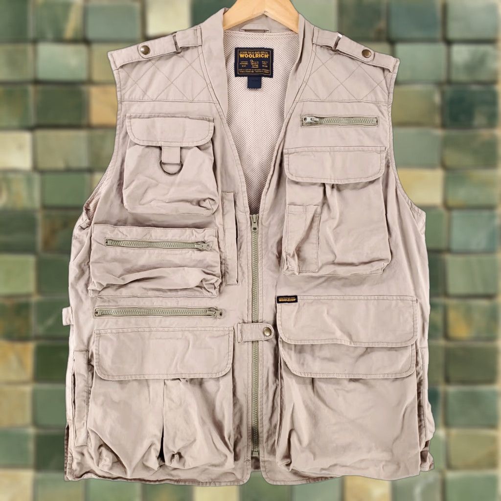Vintage Woolrich Jacket Mens L Beige Full Zip Fishing Hunting Cargo Utility Game Pouch Vest Size US L / EU 52-54 / 3 - 1 Thumbnail