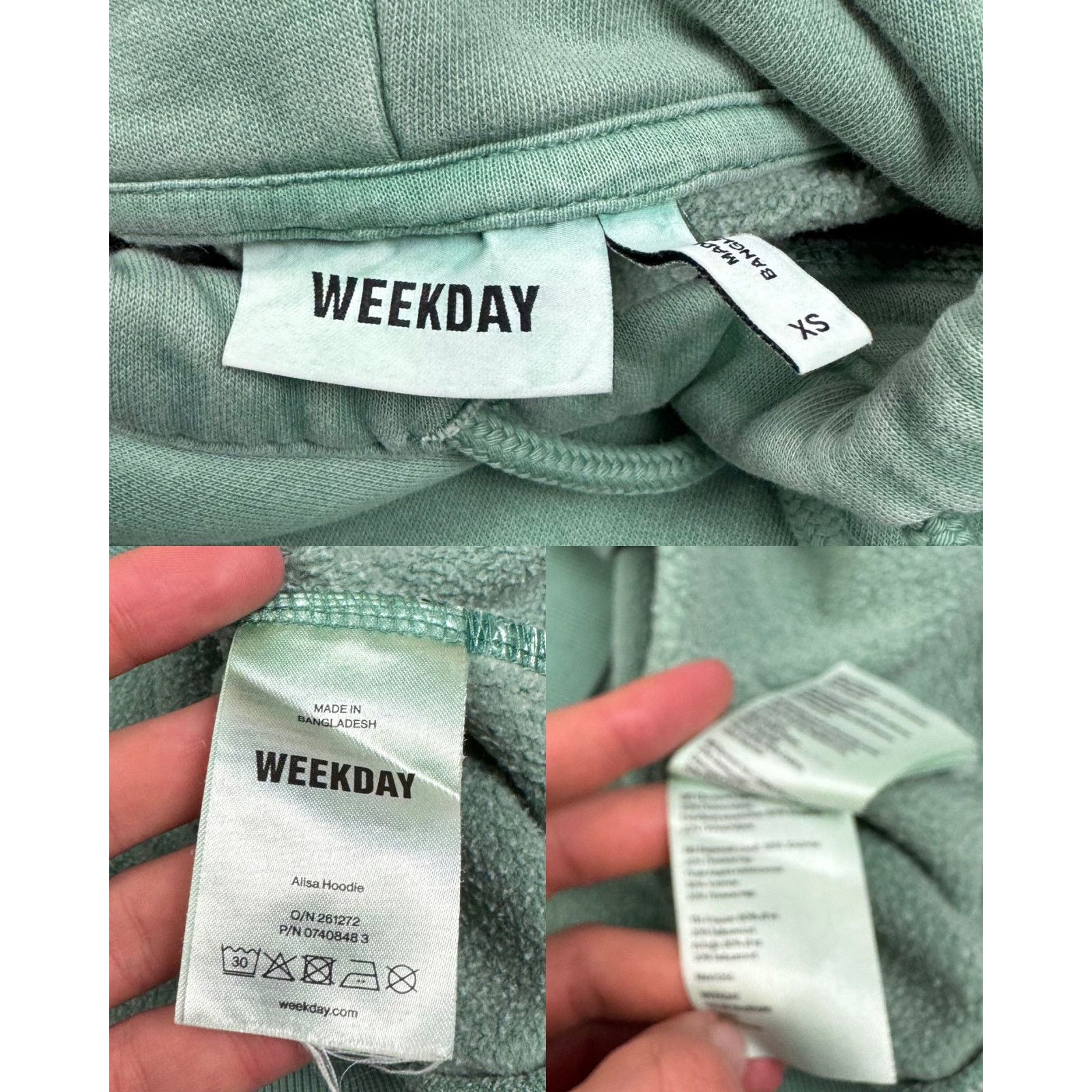 Weekday Weekday Alisa Women Moss Green Cotton Fleece Pullover Hoodie Size XS / US 0-2 / IT 36-38 - 3 Thumbnail