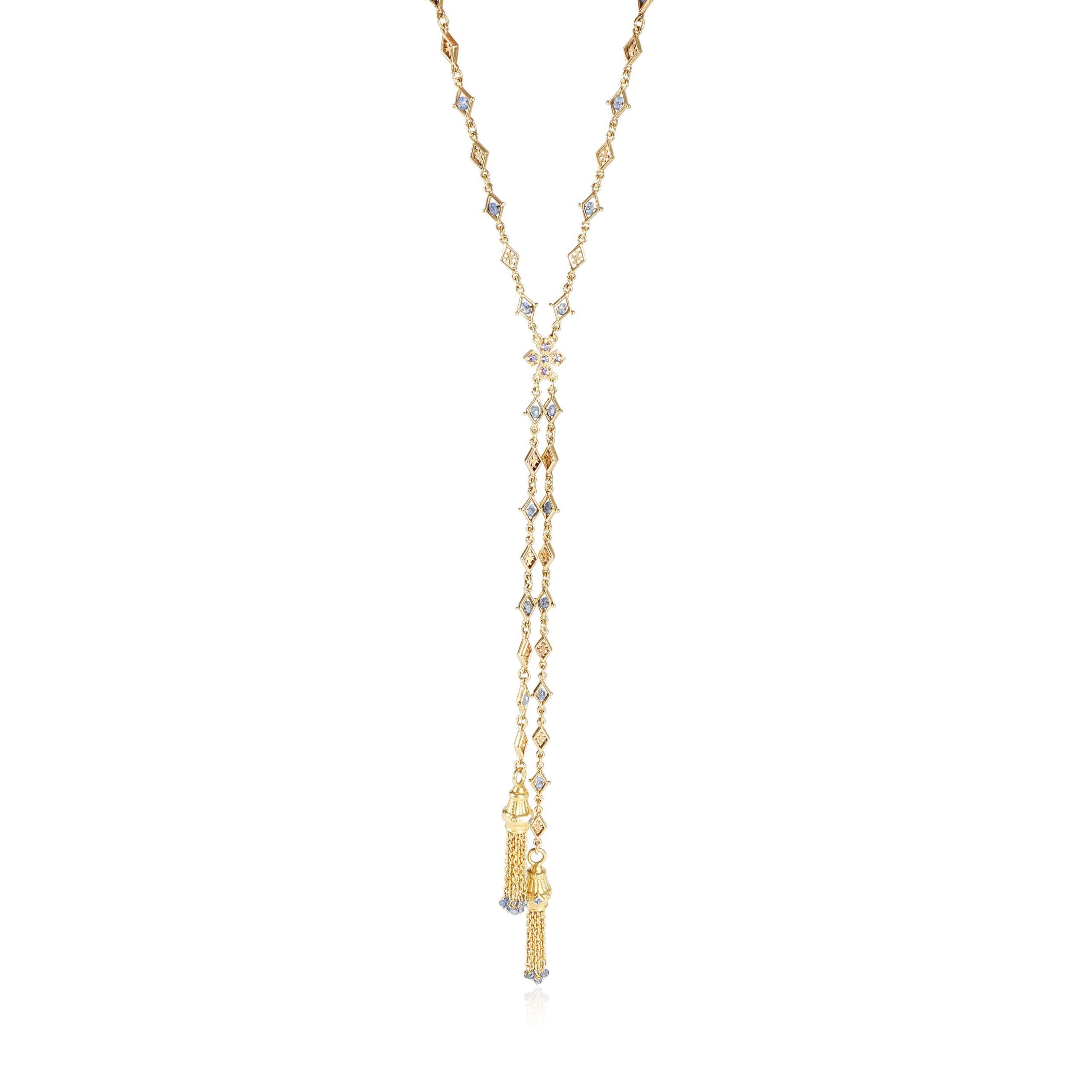 Matinee Necklace with Two Tassels Ending in Beaded Sapphires 18k Yellow Gold