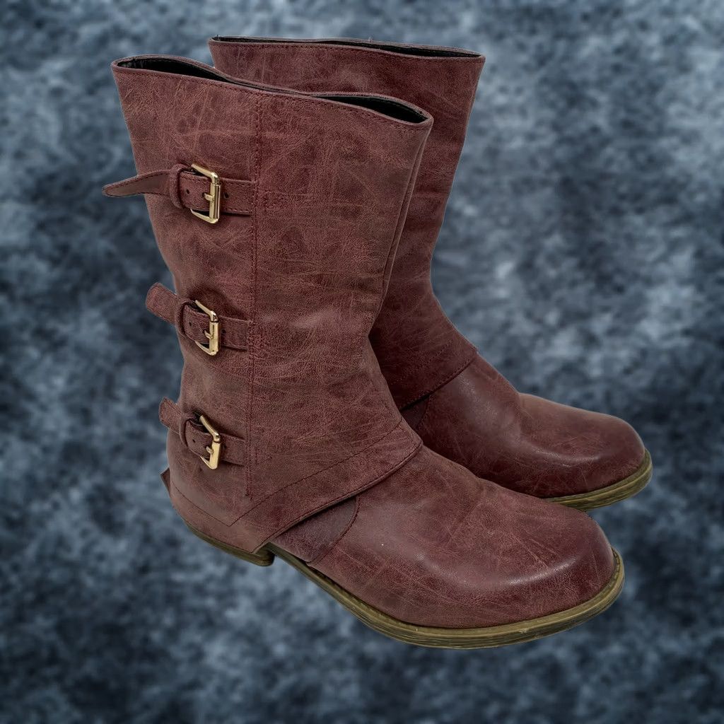 Vintage French Blu Boot Red Distressed Look Buckle Mid Calf Equestrian Riding Leather Ankle Boot Women Vintage No N/A Size US 9 / IT 39 - 1 Thumbnail