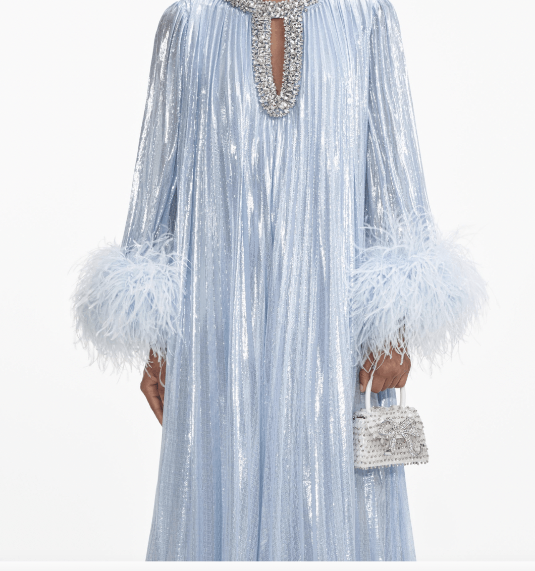 Self-Portrait Women's Blue Feather-Trimmed Metallic Chiffon Midi Dress Size S / US 4 / IT 40 - 2 Thumbnail