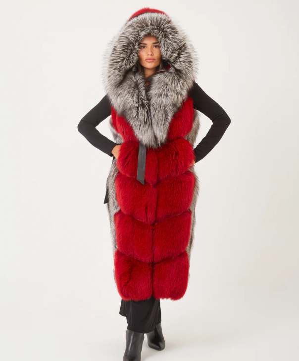 Other Women’s Silver and Red Dyed Fox Fur Long Vest Size L / US 10 / IT 46 - 2 Thumbnail