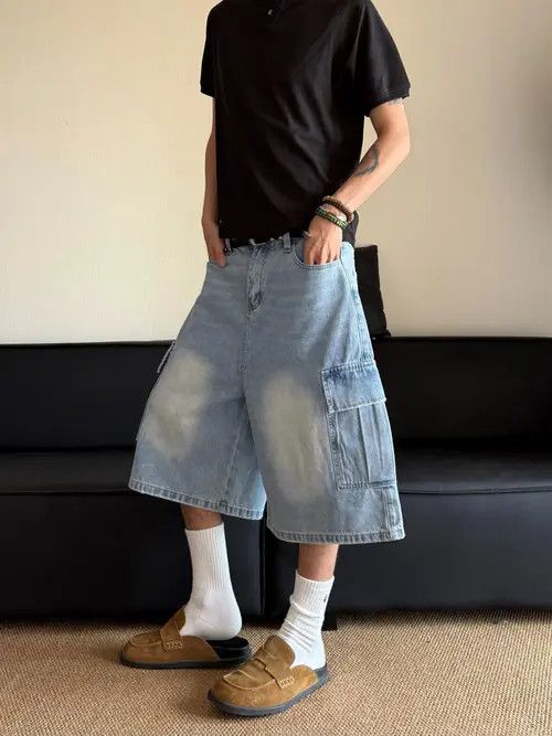 Jean Wakiko x Yumi Light Wash Cargo Denim Shorts, Wide Leg Jorts Size US 33 - 5 Thumbnail